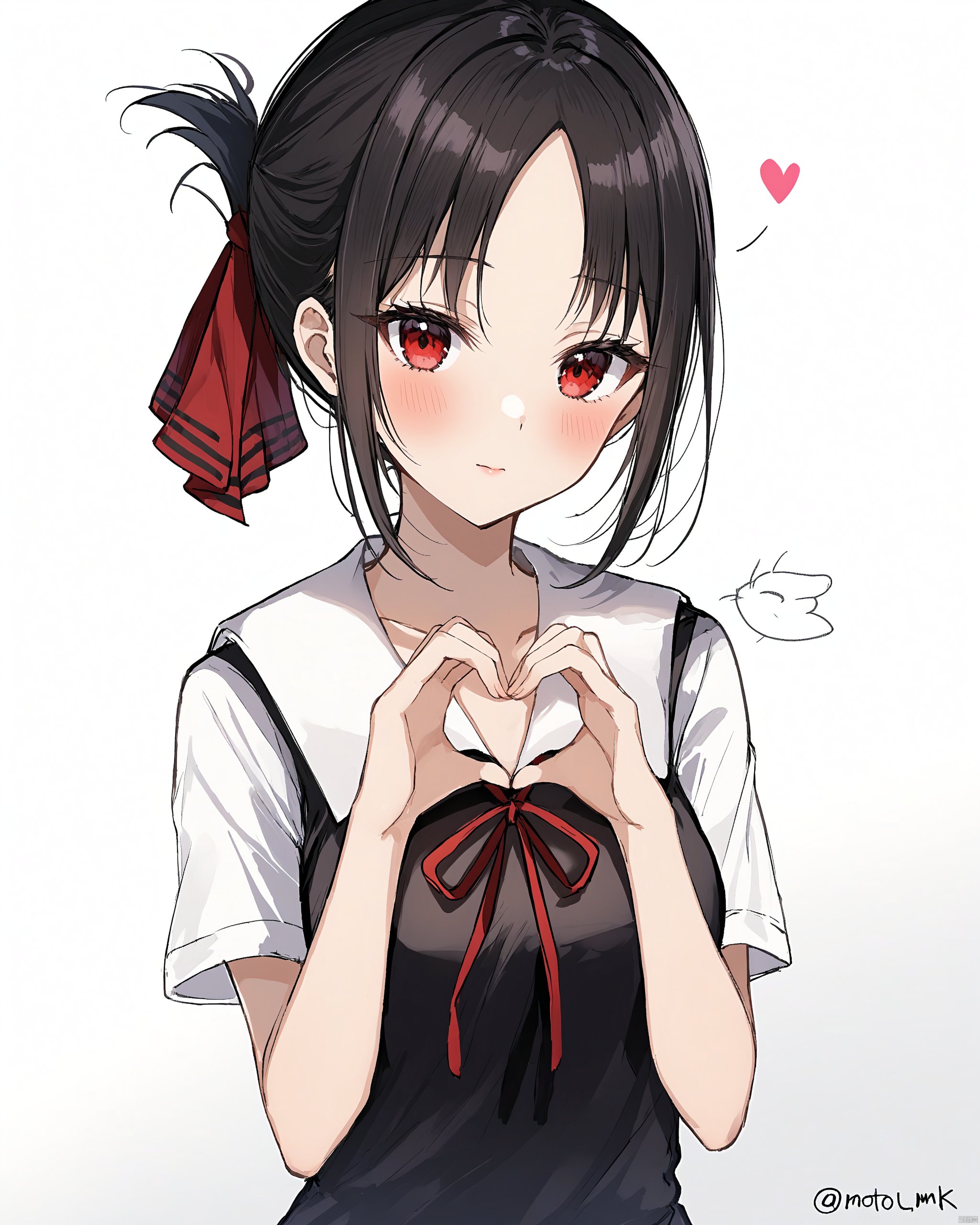 1girl, bad_id, bad_twitter_id, black_dress, black_hair, blush, breasts, closed_mouth, commentary, dress, eyelashes, fingers_together, gradient_background, grey_background, hair_ribbon, heart, heart_hands, highres, kaguya-sama_wa_kokurasetai_~tensai-tachi_no_renai_zunousen~, lips, looking_at_viewer, medium_breasts, medium_hair, motobi_\(mtb_umk\), neck_ribbon, parted_bangs, red_eyes, red_ribbon, ribbon, school_uniform, shinomiya_kaguya, short_ponytail, short_sleeves, shuuchiin_academy_school_uniform, simple_background, solo, spoken_heart, summer_uniform, twitter_username, upper_body, white_background