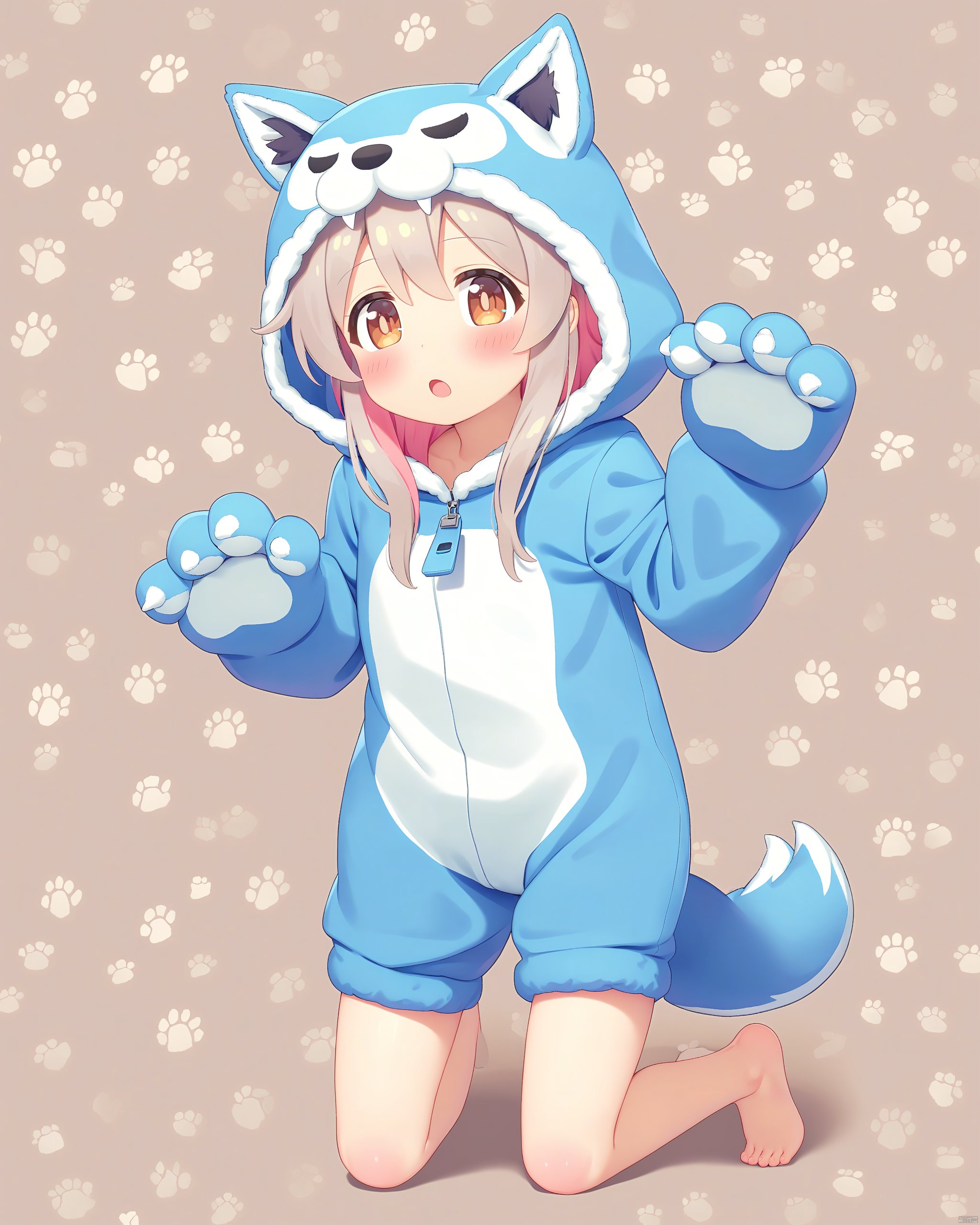 onii-chan_wa_oshimai!,1girl, :o, absurdres, animal_costume, animal_ears, animal_hands, barefoot, blush, brown_eyes, colored_inner_hair, commentary_request, fake_animal_ears, fake_tail, full_body, gloves, grey_hair, hair_between_eyes, highres, hood, hood_up, kneeling, long_hair, looking_at_viewer, multicolored_hair, onesie, onii-chan_wa_oshimai!, open_mouth, oyama_mahiro, paw_gloves, paw_print, paw_print_background, pink_hair, solo, tail, tokoshibyra, two-tone_hair, wolf_costume, wolf_hood, wolf_tail, zipper_pull_tab