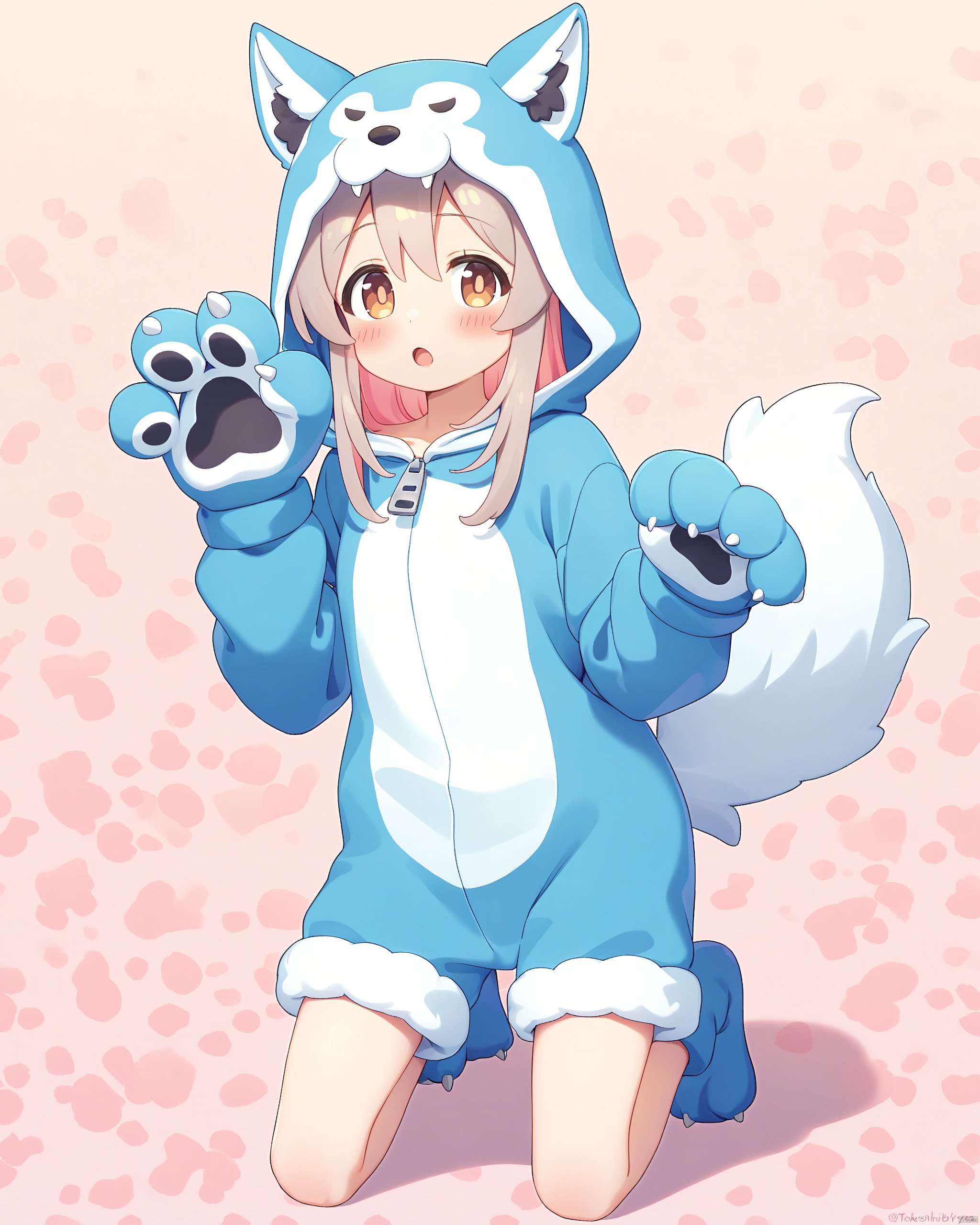 onii-chan_wa_oshimai!,1girl, :o, absurdres, animal_costume, animal_ears, animal_hands, barefoot, blush, brown_eyes, colored_inner_hair, commentary_request, fake_animal_ears, fake_tail, full_body, gloves, grey_hair, hair_between_eyes, highres, hood, hood_up, kneeling, long_hair, looking_at_viewer, multicolored_hair, onesie, onii-chan_wa_oshimai!, open_mouth, oyama_mahiro, paw_gloves, paw_print, paw_print_background, pink_hair, solo, tail, tokoshibyra, two-tone_hair, wolf_costume, wolf_hood, wolf_tail, zipper_pull_tab