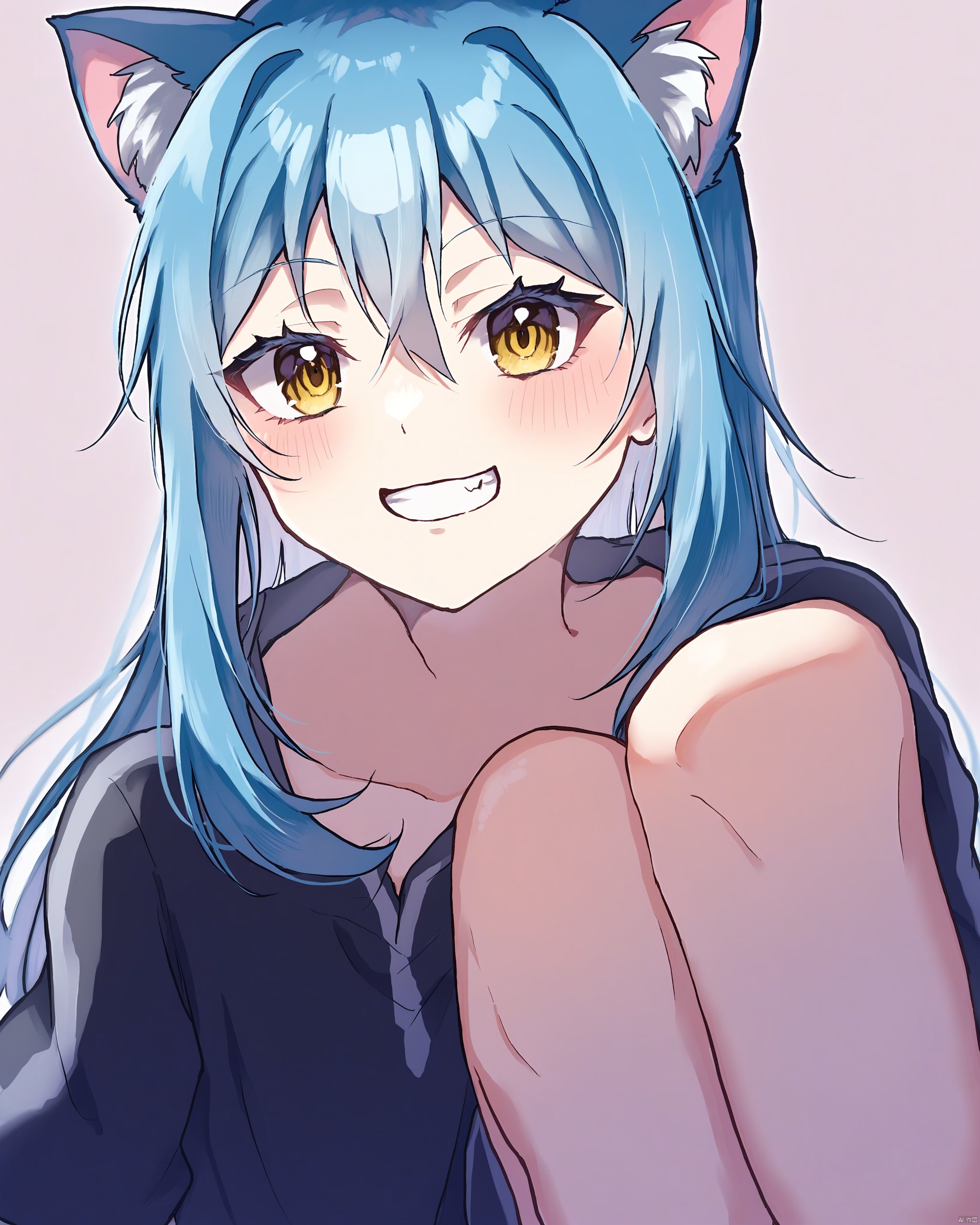 tensei_shitara_slime_datta_ken,1other, animal_ears, blue_hair, blush, cat_ears, chocoeiru, highres, humanization, long_hair, looking_at_viewer, rimuru_tempest, simple_background, smile, tensei_shitara_slime_datta_ken, yellow_eyes