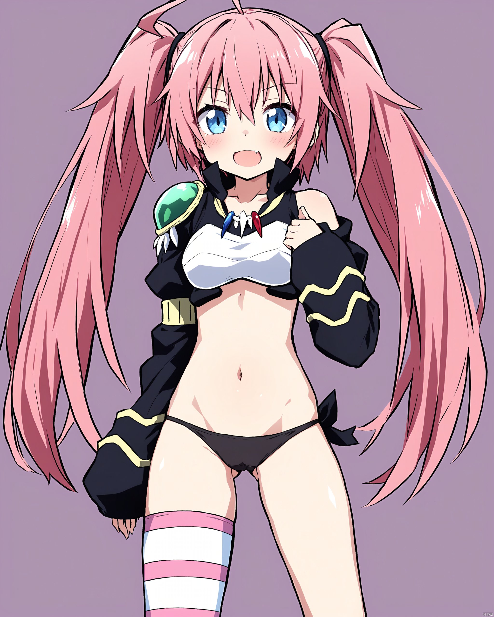 tensei_shitara_slime_datta_ken,1girl, ahoge, ass_visible_through_thighs, black_panties, blue_eyes, breasts, commentary, highres, long_hair, long_sleeves, looking_at_viewer, medium_breasts, milim_nava, navel, open_mouth, panties, pink_hair, single_thighhigh, sleeves_past_wrists, solo, standing, stomach, striped_clothes, striped_thighhighs, takanashi_kei_\(hitsujikan\), tensei_shitara_slime_datta_ken, thighhighs, twintails, underwear, very_long_hair