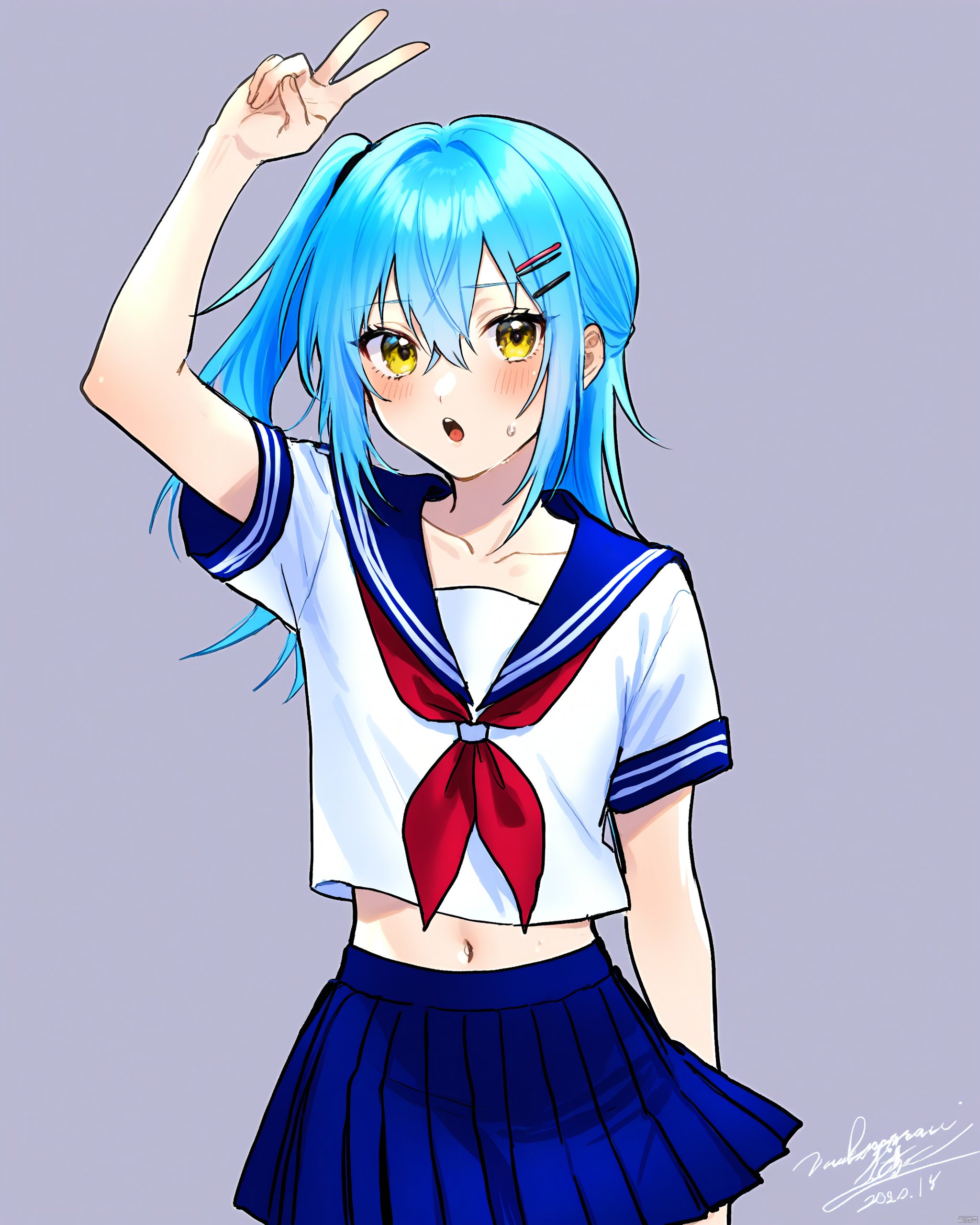 tensei_shitara_slime_datta_ken,1other, \:o, absurdres, arm_up, bad_id, bad_pixiv_id, blue_hair, blue_sailor_collar, blue_skirt, blush, collarbone, collared_shirt, cowboy_shot, dated, hair_between_eyes, hair_ornament, hairclip, highres, long_hair, looking_at_viewer, midriff, miniskirt, navel, neckerchief, nukogami_\(minniecatlove21\), pleated_skirt, red_neckerchief, rimuru_tempest, sailor_collar, sailor_shirt, school_uniform, serafuku, shirt, short_sleeves, side_ponytail, signature, simple_background, skirt, solo, standing, stomach, sweatdrop, tensei_shitara_slime_datta_ken, v, white_background, white_shirt, yellow_eyes