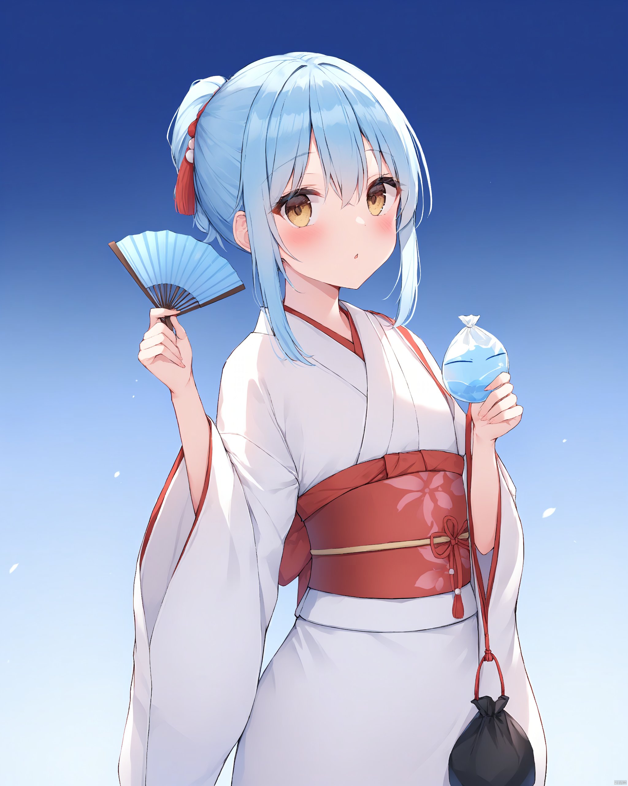 tensei_shitara_slime_datta_ken,1girl, aid\!, bag, bagged_fish, blue_background, blue_hair, blush, brown_eyes, commentary, eyes_visible_through_hair, fish, gradient_background, hand_fan, holding, holding_bag, holding_fan, japanese_clothes, kimono, long_hair, long_sleeves, looking_at_viewer, obi, ponytail, revision, rimuru_tempest, sash, sidelocks, solo, tensei_shitara_slime_datta_ken, white_background, white_kimono, wide_sleeves