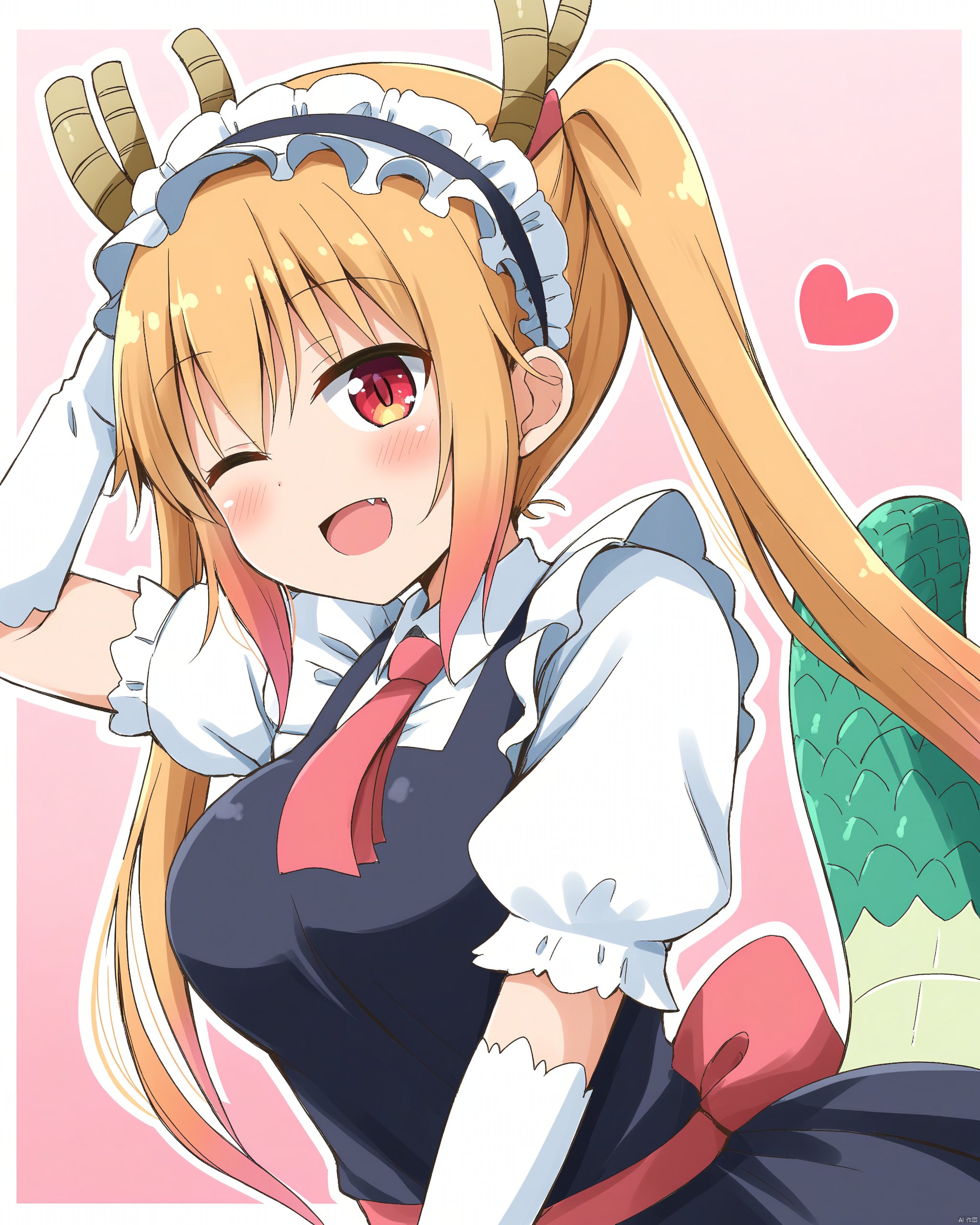 kobayashi-san_chi_no_maidragon,1girl, \;d, aikawa_ryou, black_dress, black_hairband, blonde_hair, blush, bow, breasts, collared_shirt, commentary, dragon_girl, dragon_horns, dragon_tail, dress, elbow_gloves, fangs, frilled_hairband, frills, from_side, gloves, gradient_background, green_background, hairband, hand_up, heart, highres, horns, kobayashi-san_chi_no_maidragon, long_hair, looking_at_viewer, looking_to_the_side, maid_headdress, medium_breasts, one_eye_closed, open_mouth, pink_hair, puffy_short_sleeves, puffy_sleeves, red_bow, red_eyes, scales, shirt, short_sleeves, simple_background, sleeveless, sleeveless_dress, smile, solo, tail, tohru_\(maidragon\), twintails, two-tone_background, v, v_over_eye, very_long_hair, white_background, white_gloves, white_shirt