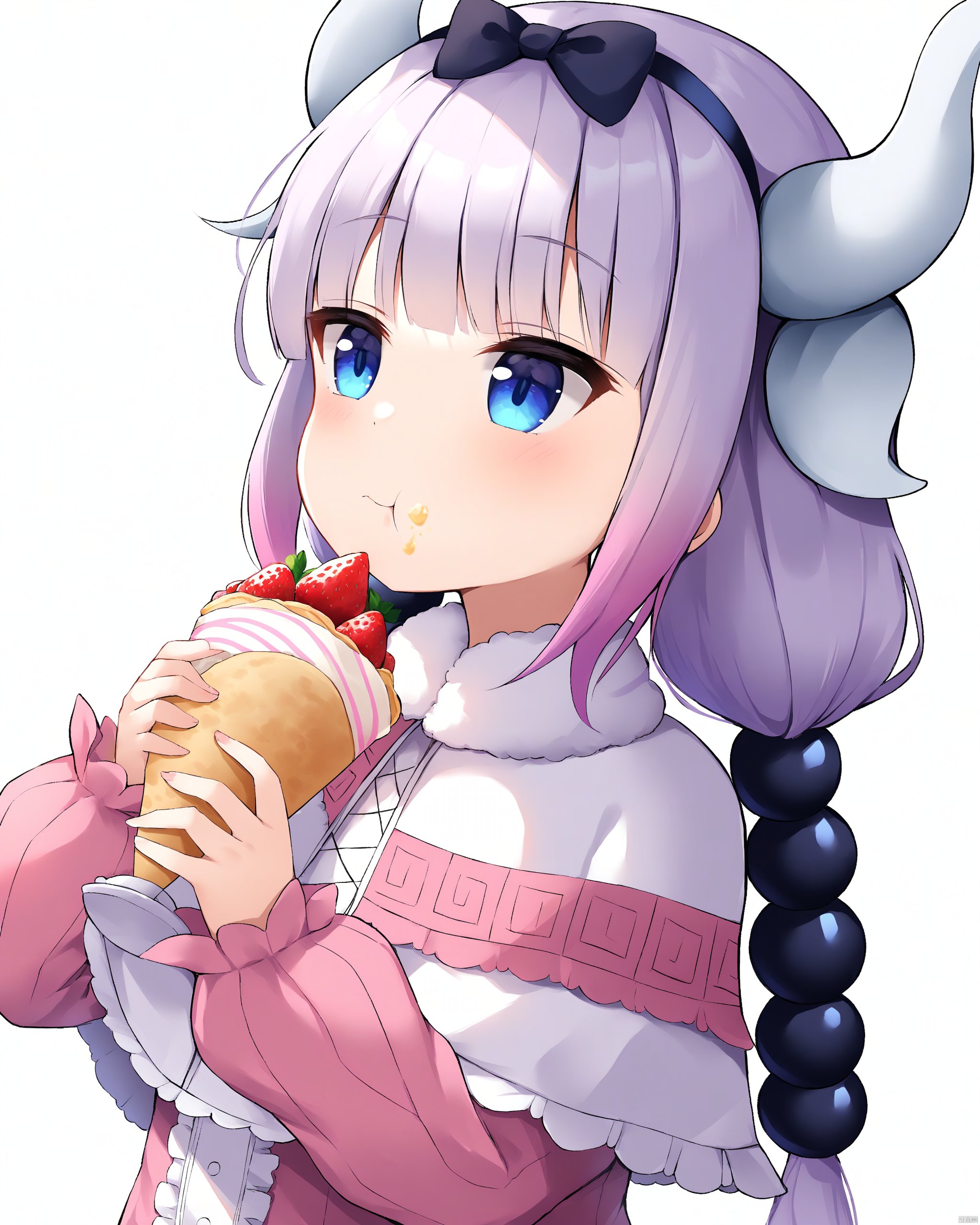 kobayashi-san_chi_no_maidragon,1girl, absurdres, beads, blue_eyes, capelet, commentary, cream, crepe, dragon_horns, dress, eating, food, fruit, hair_beads, hair_ornament, hairband, highres, horns, kanna_kamui, kobayashi-san_chi_no_maidragon, long_hair, low_twintails, no_ti_me, pink_dress, pink_hair, ribbon, simple_background, solo, strawberry, twintails, upper_body, white_background, white_capelet