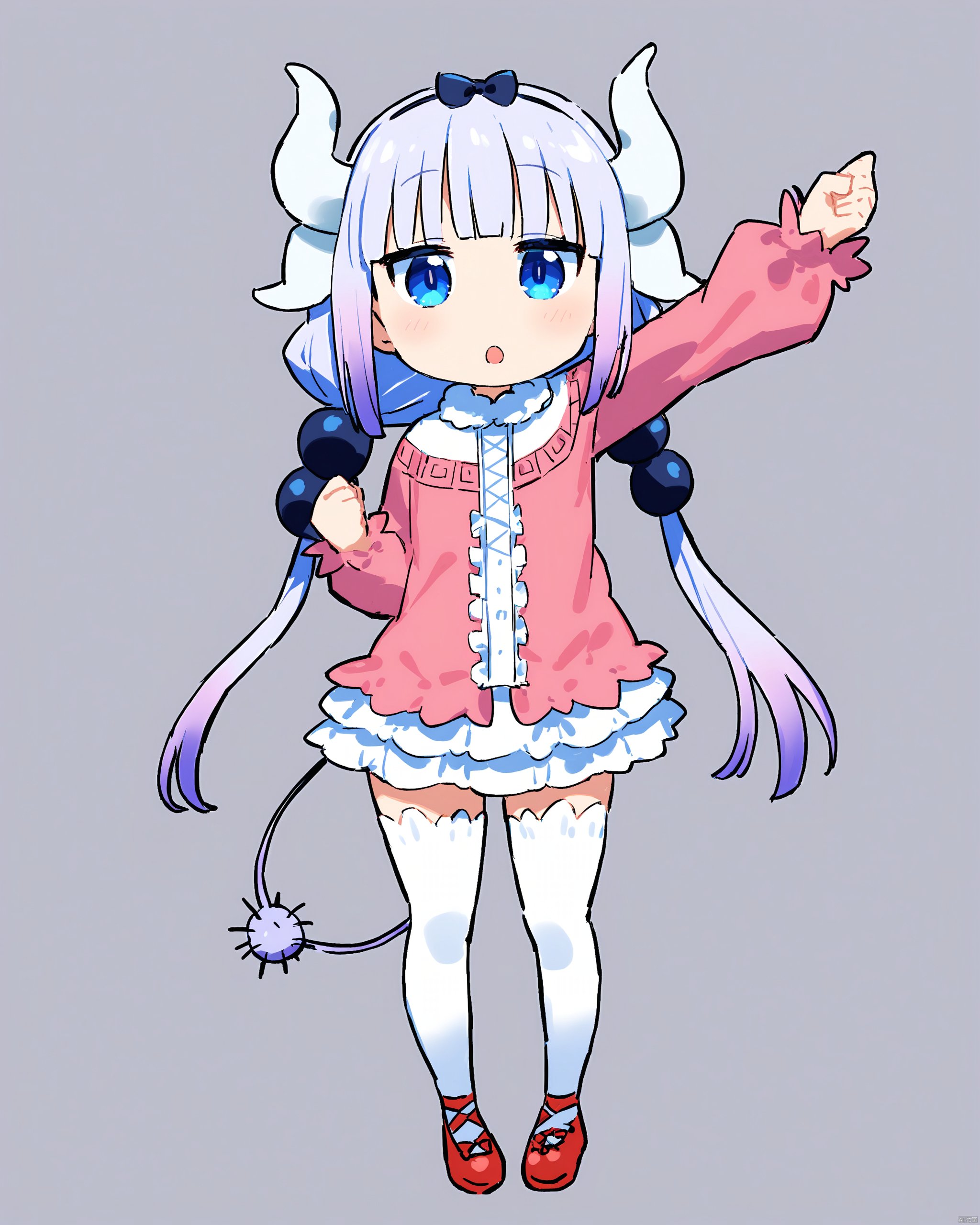 kobayashi-san_chi_no_maidragon,1girl, \:o, arm_up, beads, blue_eyes, bonbas24, clenched_hand, dragon_girl, dragon_horns, electric_plug_tail, flats, foreshortening, frilled_shirt, frills, full_body, hair_beads, hair_ornament, horns, kanna_kamui, kobayashi-san_chi_no_maidragon, long_hair, long_sleeves, looking_at_viewer, low_twintails, open_mouth, pink_shirt, red_footwear, shirt, simple_background, solo, standing, thighhighs, twintails, two-tone_shirt, white_background, white_horns, white_shirt, white_thighhighs