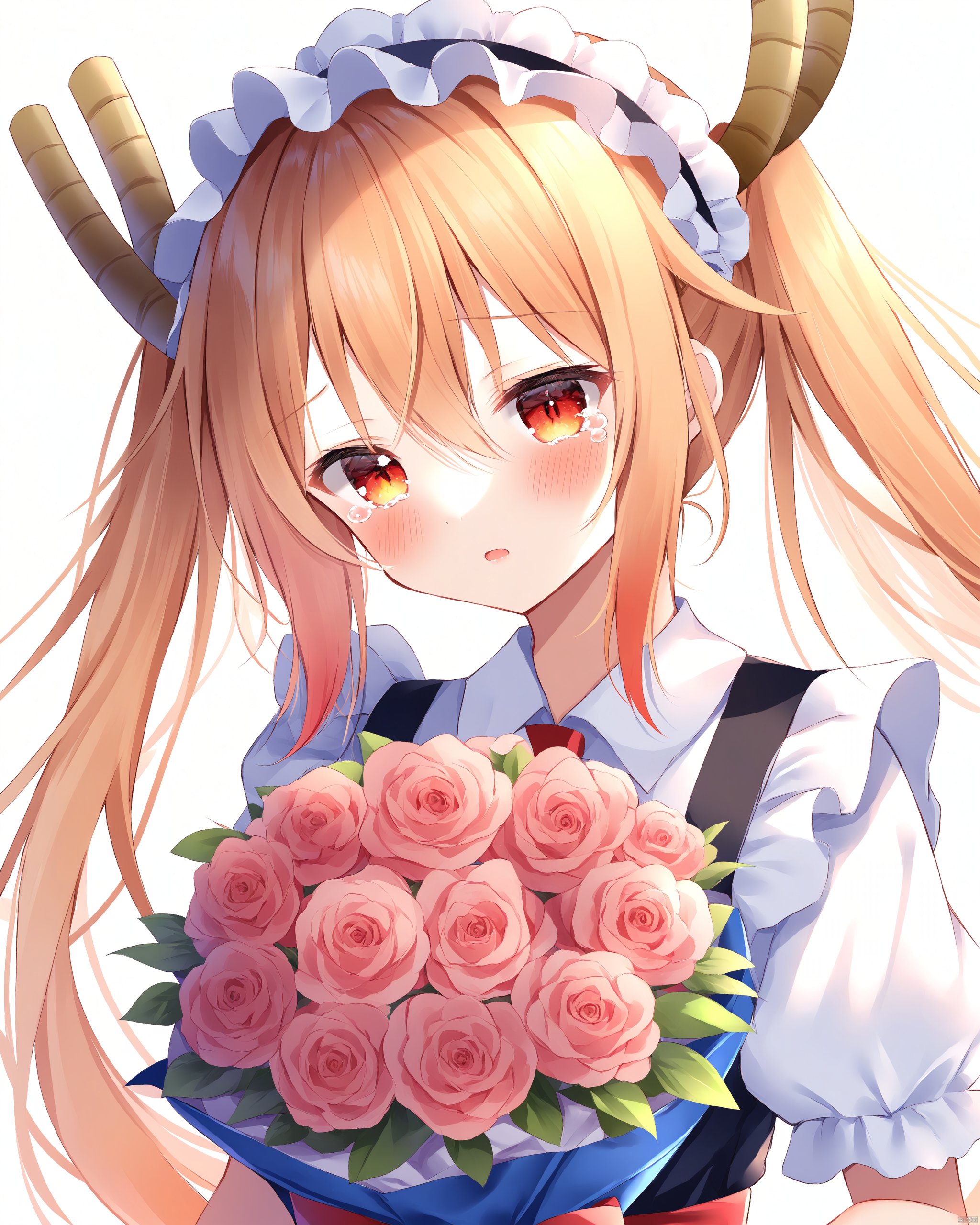 kobayashi-san_chi_no_maidragon,1girl, blonde_hair, blush, bouquet, dragon_horns, flower, frills, hair_between_eyes, highres, holding, holding_bouquet, horns, kobayashi-san_chi_no_maidragon, long_hair, maid, multicolored_eyes, red_eyes, shirt, short_sleeves, solo, tears, tohru_\(maidragon\), twintails, upper_body, white_background, white_shirt, yellow_eyes, yuiragi_yuki