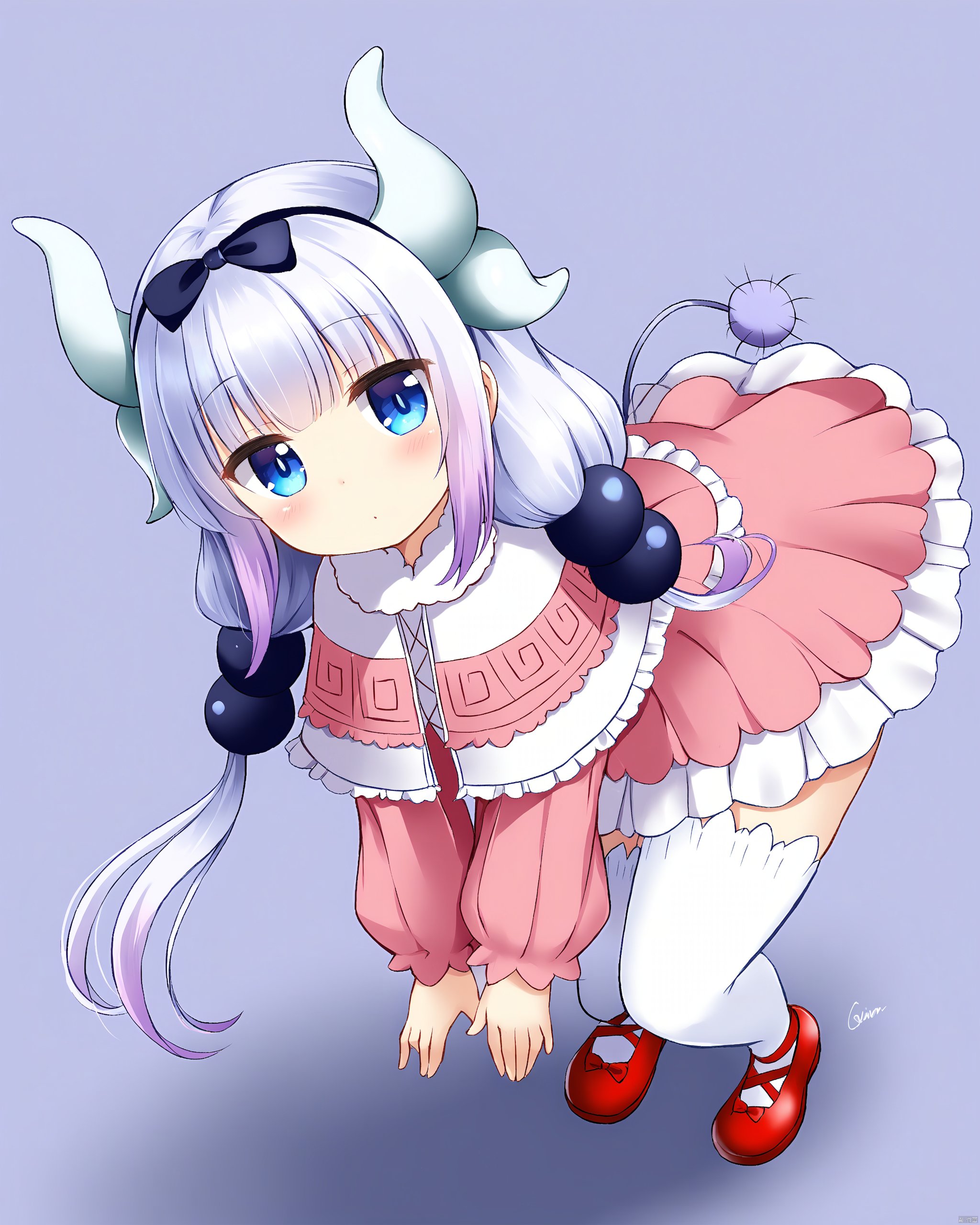 kobayashi-san_chi_no_maidragon,1girl, blue_eyes, capelet, commentary_request, dragon_girl, dragon_horns, hair_bobbles, hair_ornament, hairband, highres, holding, horns, kanna_kamui, kobayashi-san_chi_no_maidragon, leaning_forward, long_hair, looking_at_viewer, low_twintails, mary_janes, quin_\(himegata_alice\), shoes, signature, silver_hair, solo, tail, thighhighs, twintails, white_thighhighs, zettai_ryouiki