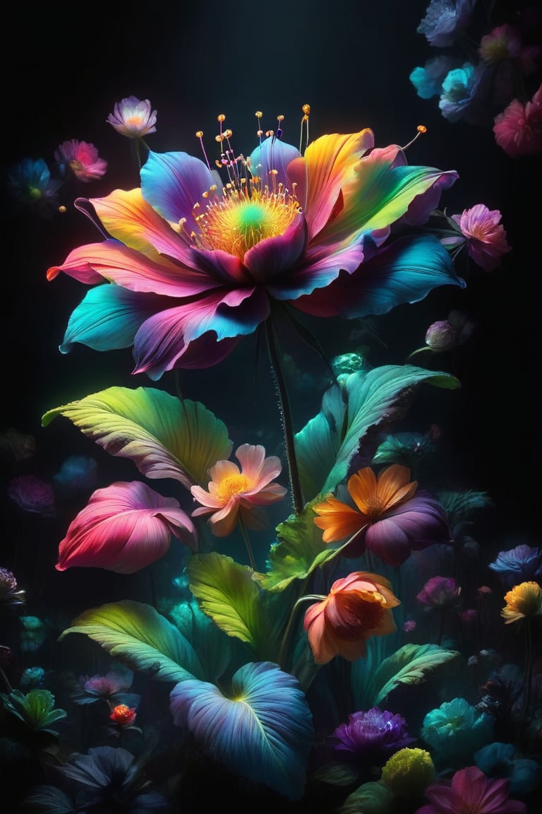 Use a lot of florescent colors , easynegative, extremely detailed, vntblk, black, dark, background, dark, chiaroscuro, low-key,Extremely Realistic,Flora