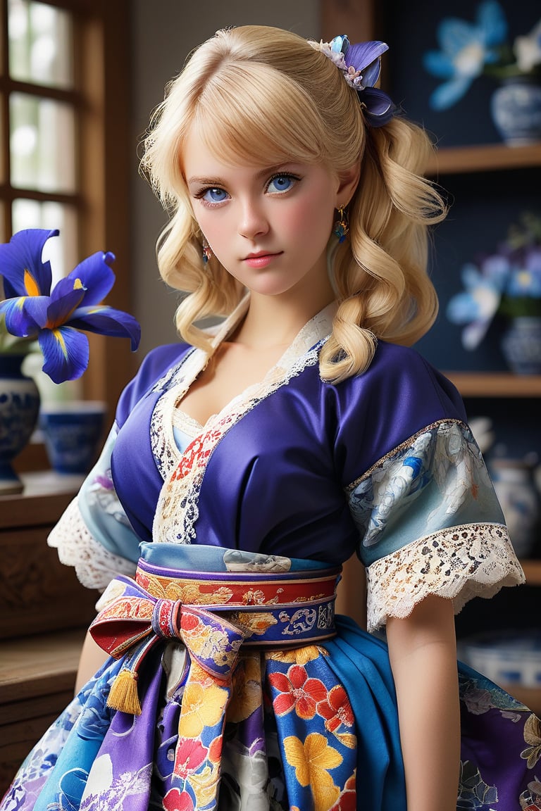 (Beautiful German girl),beautiful blonde hair,beautiful blue iris, wearing a Baroque-style dirndl with vibrant colors, infused with Japanese elements. The dress combines intricate lace and embroidery with colorful kimono-inspired patterns. A wide obi belt cinches her waist, while puffed sleeves and delicate accessories complete the look, showcasing a striking fusion of cultures.,ct-drago,SDXL