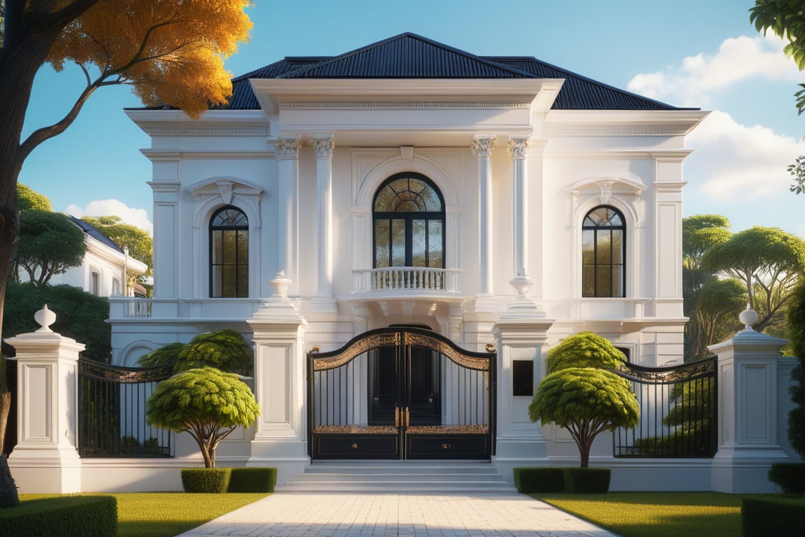 RAW photo, masterpiece, arafed house , neo - classical style, rendered in lumion pro, classicism style, classicism artstyle, lumion render, rendered in lumion, architectural visualization, neoclassical style, in style of classicism, white light sun, rendered in vray, rendered in v-ray, rendered in unreal engine 3d, (photorealistic:1.2), best quality, ultra high res, exterior, architechture,modern house,(white wall:1.5), (detail gate black:1.4), (photorealistic:1.5), best quality, ultra high res, exterior,architechture,neoclassic house,(white wall:1.2), (detailed reliefs:1.2), (The front 1st floor has 4 windows), (the right side 1st floor has 4 windows), (the main side has three-step stairs), (the right side has three-step stairs) ,glass windows,,trees,traffic road, blue sky,in the style of realistic hyper-detailed rendering, luxury neoclassical villa, in the style of neoclassical scene, glass windows, (white navy roof:1.2), best quality, (straight strokedetail:1.1) roof top, (Intricate lines:1.5), ((Photorealism:1.5)),(((hyper detail:1.5))), archdaily, award winning design, (dynamic light:1.3), (night light:1.2), (perfect light:1.3), (shimering light :1.4), refection glass windows, (curved line architecture arch:1.2), trees, beautiful sky, photorealistic, FKAA, TXAA, RTX, SSAO, Post Processing, Post-Production, CGI, VFX, SFX, Full color,((Unreal Engine 5)), Canon EOS R5 Camera + Lens RF 45MP full-frame CMOS sensor, HDR, Realistic,8k,((Unreal Engine 5)), Cinematic intricate detail, extreme detail, science, hyper-detail, FKAA, super detail, super realistic, crazy detail, intricate detail, nice color grading, reflected light on glass, eye-catching wall lights, unreal engine 5, octane render, cinematic, trending on artstation, High-fidelity, Viwvid, Crisp, Sharp, Bright, Stunning, ((Lifelike)), Natural, ((Eye-catching)), Illuminating, Flawless, High-quality,Sharp edge rendering, medium soft lighting, photographic render, detailed archviz,SDXL,House