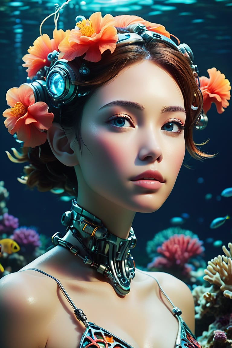 An intriguing underwater photograph featuring a partially organic, partially mechanized beautiful feminine cyborg gracefully swimming among vibrant coral reefs. The cyborg's humanoid form seamlessly blends with her robotic components, which are adorned with intricate details and glowing lights. The water is crystal clear, allowing for the realistic shading and the backlit effect to enhance the depth and contrast. The reef is teeming with life, creating a harmonious blend of technology and nature.,SDXL,xxmix_girl,SDXLTurbo