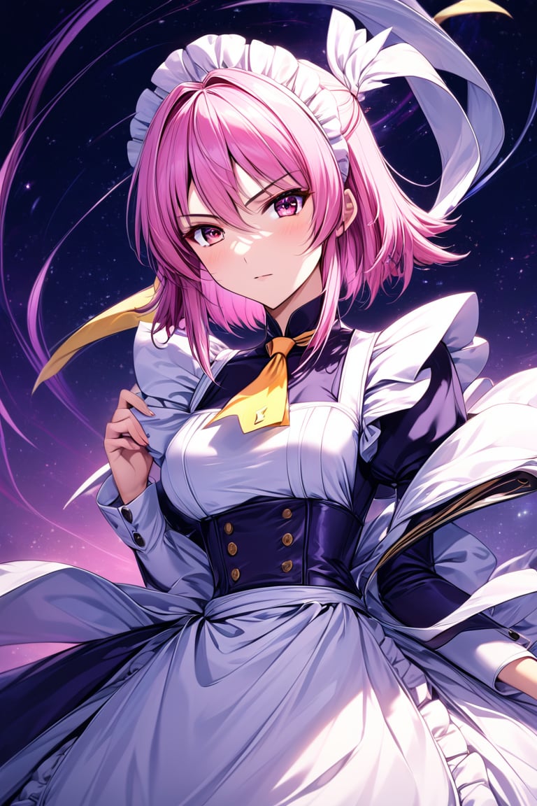 Extreme detailed, (masterful) in the style of mind-bending compositions,moonlight background, , packed with hidden details, playful genre scenes, abrupt —v 6.0.,1girl,  dark purple maid dress, white apron, white maid headband, yellow double necktie, puffy sleeve, long sleeve, dark pink hair, (sidelock:1.3), short hair, dark pink eyes, serious face, 25-year-olds, mature female