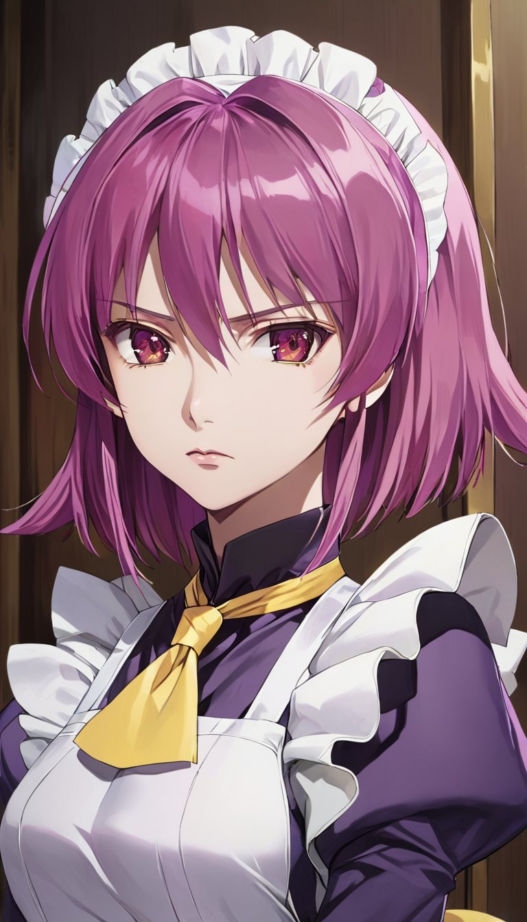  ,look at viewers ,female focus, close lips, portrait,,1girl, solo, dark purple maid dress, white apron, white maid headband, yellow double necktie, puffy sleeve, long sleeve, dark pink hair, (sidelock:1.5), short hair, dark pink eyes, serious face, 25-year-olds, mature female