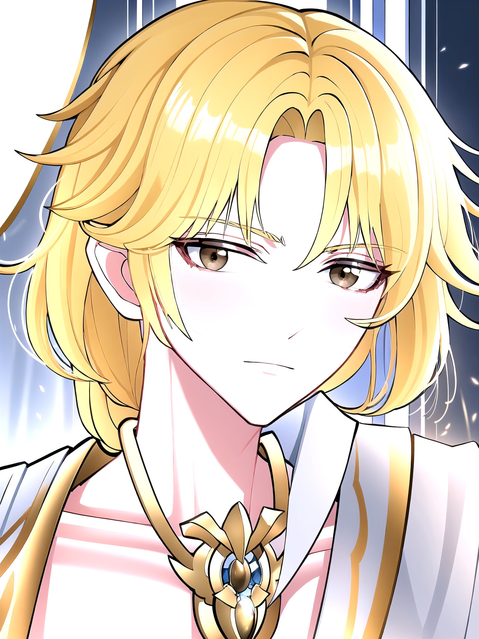 //Quality,
(masterpiece), (best quality), 8k illustration
,//Character,
1male, solo
,//Fashion,
,//Background, in the throne room, luxurious room, serious face, 
,//Others,
, stare,Hyouka, blonde hair, brown eyes, one-sided braid, long hair, armor, upper body, close-up