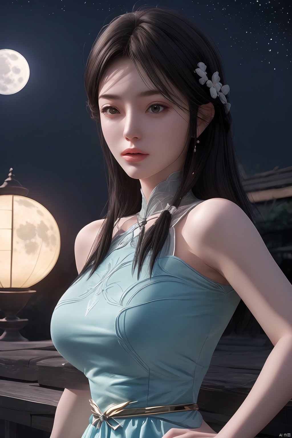 (1girl,best quality, ),looking at viewer,ultra detailed background,ultra realistic 8k cg ,masterpiece, cure blossom, full moon,night,night sky,  (big breasts),Xxiaoxuner,blue dress, ty-hd