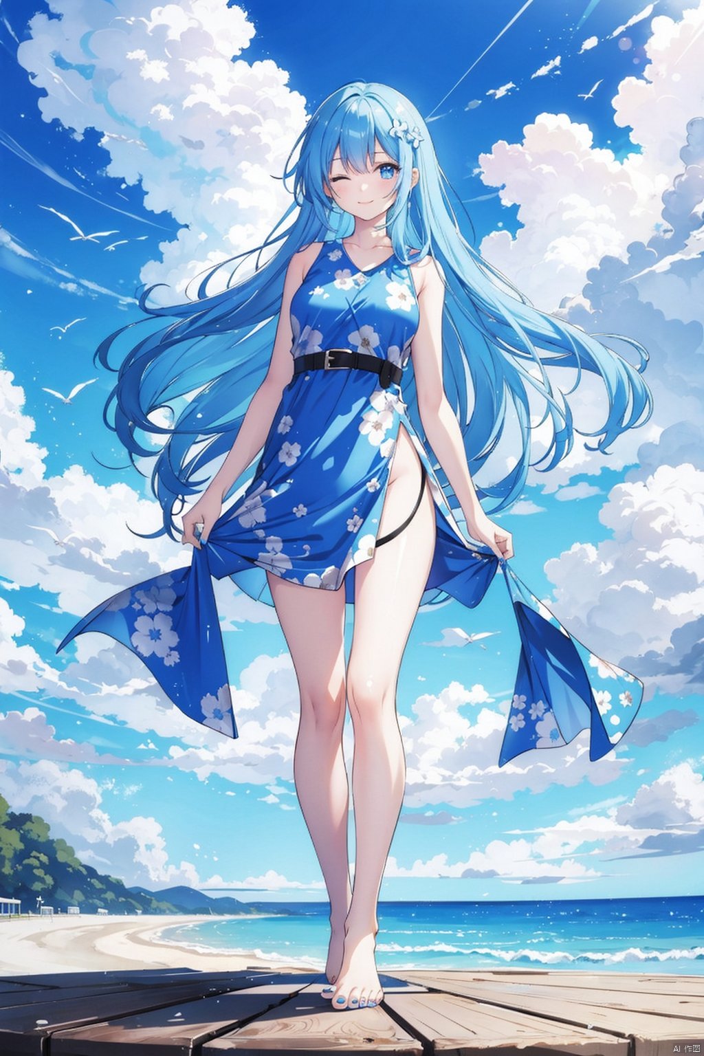 1girl, solo, ((liquid clothes)), ,
liquid clothes, blue theme, 1girl, solo, long hair, dress, barefoot, blue hair, one eye closed, blue eyes, blue nails, nail polish, toenail polish, cloud, toenails, full body, very long hair, sky print, blue dress, standing, sleeveless, looking at viewer, smile