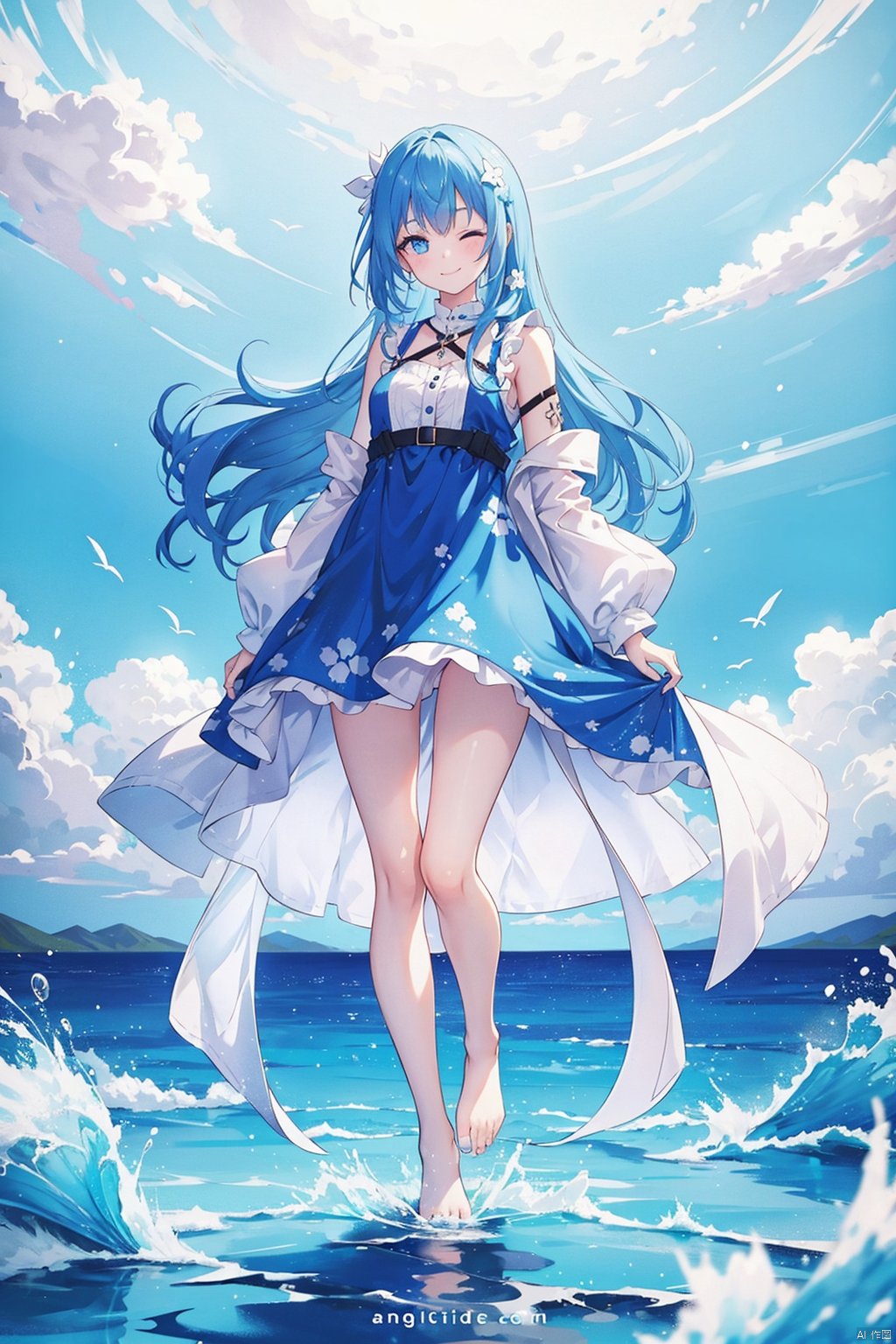 1girl, solo, ((liquid clothes)), ,
liquid clothes, blue theme, 1girl, solo, long hair, dress, barefoot, blue hair, one eye closed, blue eyes, blue nails, nail polish, toenail polish, cloud, toenails, full body, very long hair, sky print, blue dress, standing, sleeveless, looking at viewer, smile