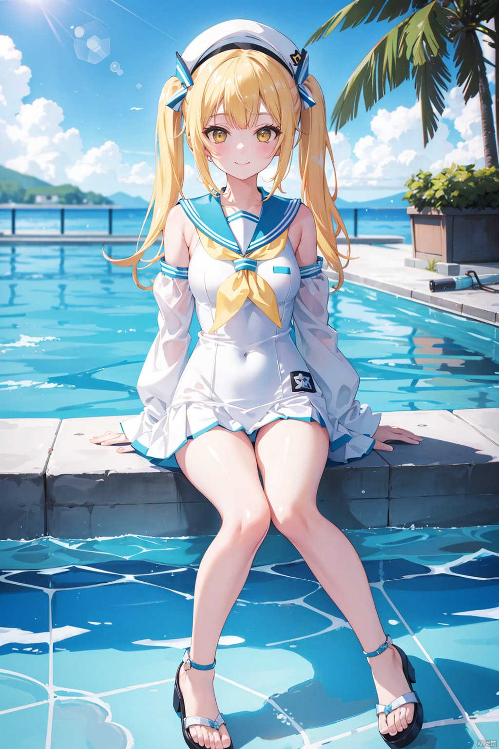 masterpiece, best quality,shiny,chromatic aberration abuse,pastel color, full body, 
,one-piece swimsuit, sailor collar, detached sleeves,hat,sandals,bag,animal bag,
1girl,solo, yukiT,smile,blonde hair,yellow eyes,twintails, 
swimming pool,sitting,feet on ground,