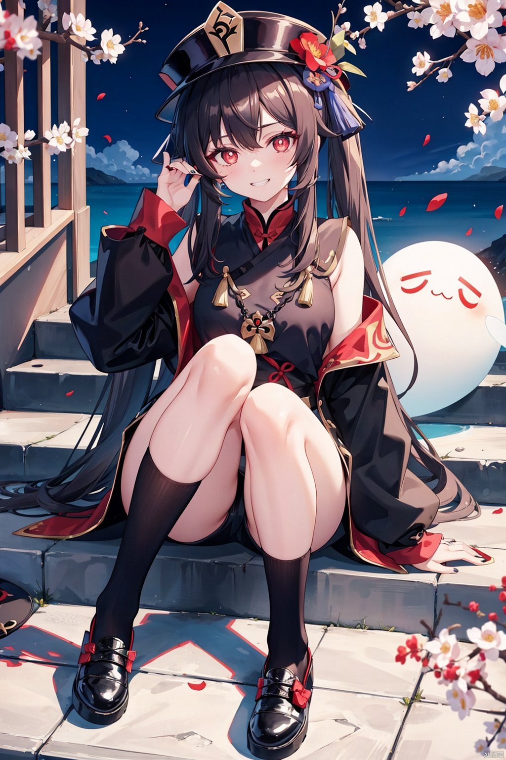 , 1girl, hu tao \(genshin impact\), socks, red eyes, hat, flower, long hair, stairs, solo, white socks, smile, looking at viewer, sitting, long sleeves, ring, red flower, shorts, twintails, very long hair, jewelry, grin, ghost, symbol-shaped pupils, plum blossoms, black headwear, shoes, black shorts, multiple rings, boo tao \(genshin impact\), bangs, black footwear, black nails, shirt, hair between eyes, flower-shaped pupils, full body, sitting on stairs, black hair, brown hair, chinese clothes, nail polish, outdoors, tassel, thighs, porkpie hat, coat, hat flower, kneehighs, sleeves past wrists, red shirt, short shorts