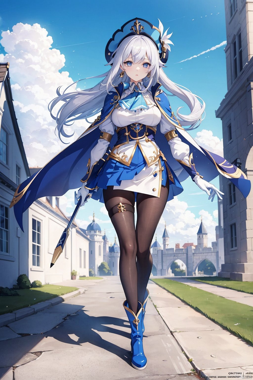 1girl, clorinde \(genshin impact\), tricorne, pantyhose, earrings, blue cape, white gloves, pencil skirt, white shirt, thigh strap, underbust, ascot, boots, jacket, depth of field, full body, walking, hand in own hair, looking at viewer, parted lips, floating hair, outdoors, castle