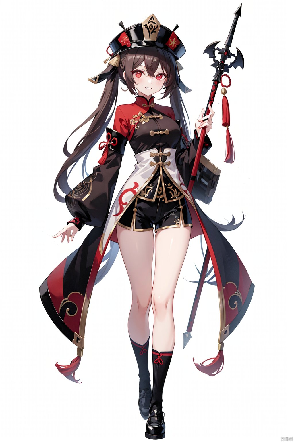 , 1girl, hu tao \(genshin impact\), smile, socks, brown hair, weapon, hat, shorts, solo, white background, long hair, twintails, black shorts, polearm, holding, red eyes, long sleeves, white socks, holding weapon, full body, simple background, shoes, looking at viewer, symbol-shaped pupils, bug, chinese clothes, grin, kneehighs, butterfly, holding polearm, black footwear, black headwear, short shorts, tailcoat, very long hair, spear, bangs, shirt, hair between eyes, wide sleeves, flower, breasts, standing