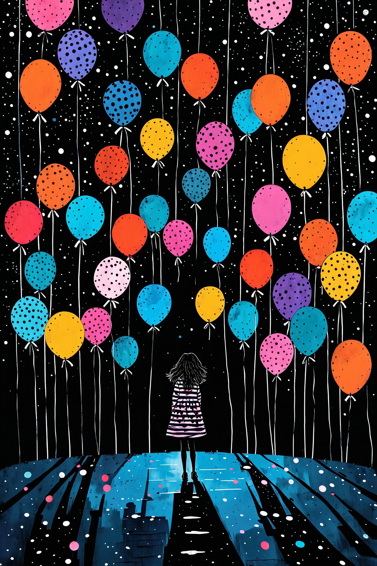A night sky filled with vibrant, colorful balloons of various sizes and patterns. These balloons are suspended from strings and are scattered across the dark backdrop. Below the balloons, there's a silhouette of a person, possibly a girl, standing with her back to the viewer. She is wearing a striped dress and appears to be looking up at the balloons. The ground is depicted as a reflective surface, mirroring the balloons and the person. The overall atmosphere of the image is whimsical and dreamy, with a touch of solitude.