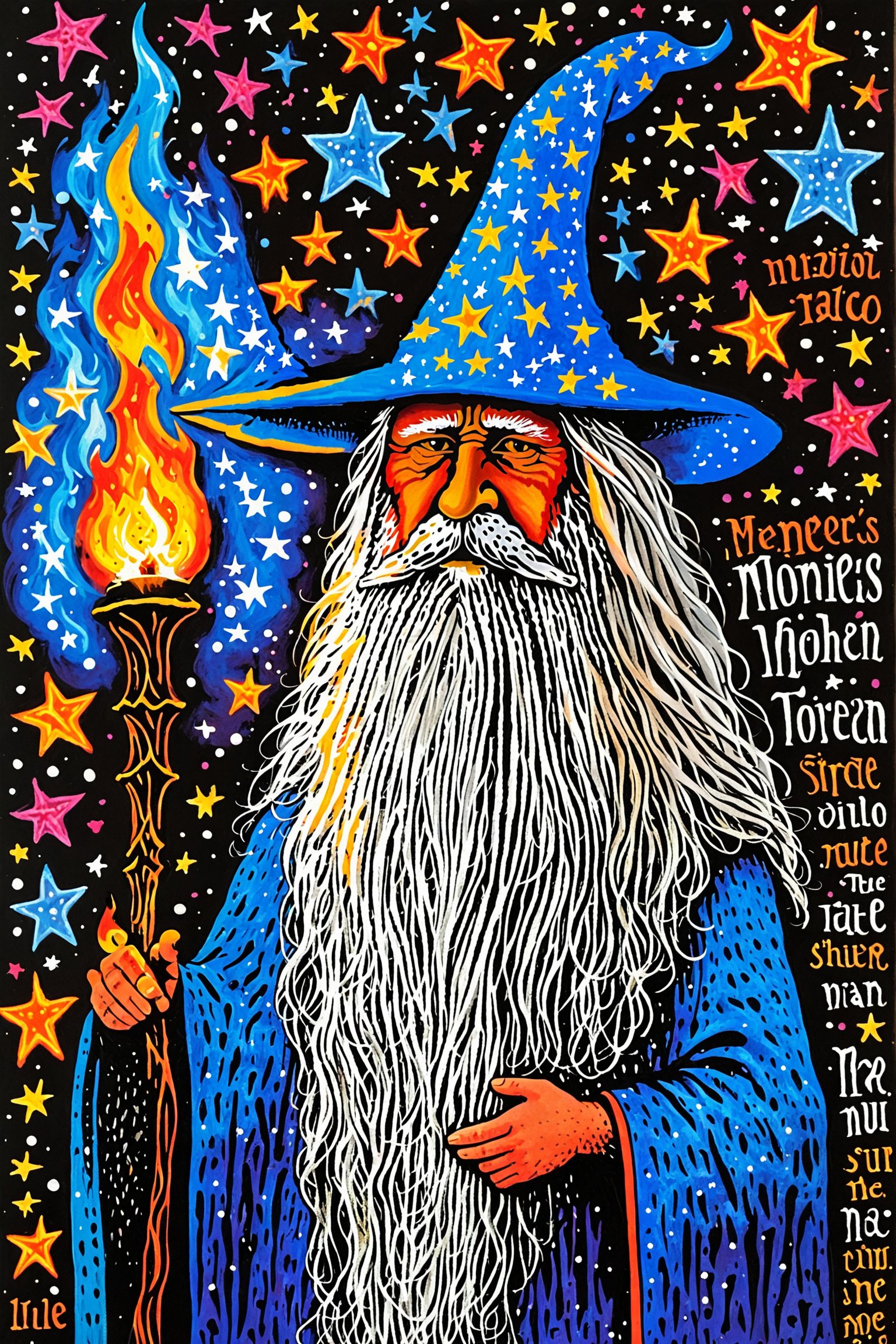 A vibrant and colorful portrayal of a wizard. He dons a tall blue hat adorned with stars and holds a staff with a flaming torch. The wizard's long white beard flows down his chest. The background is filled with a myriad of magical symbols, names of spells, and celestial motifs.