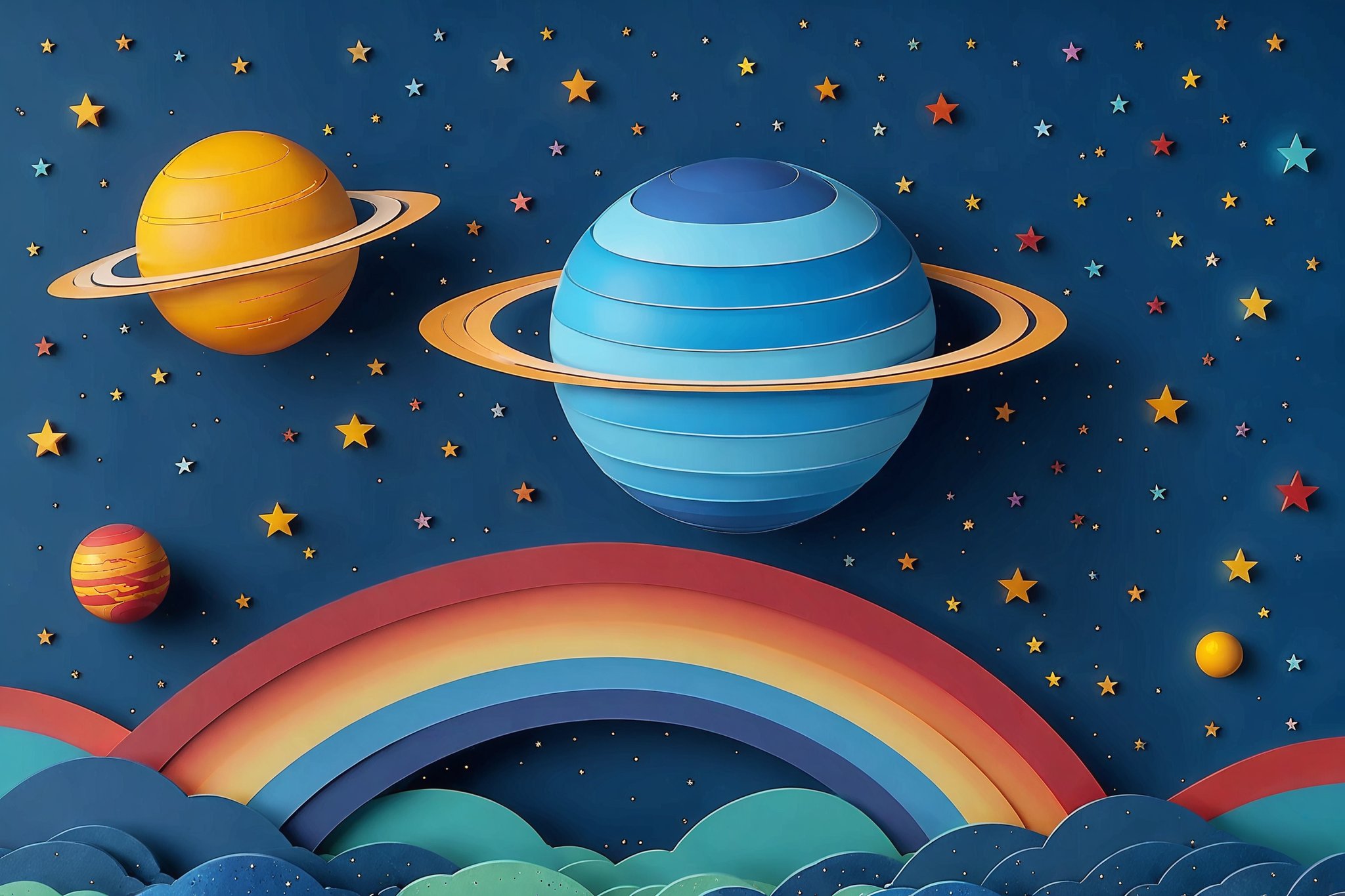 A vibrant cosmic scene. At the center, there's a large, layered planet with blue stripes, surrounded by a ring. Above the planet, the vast expanse of space is dotted with numerous stars. Below the planet, a multi-layered, colorful rainbow arches gracefully, with clouds of varying shades of blue at its base. The overall color palette is rich, with deep blues, bright yellows, and radiant reds dominating the scene.