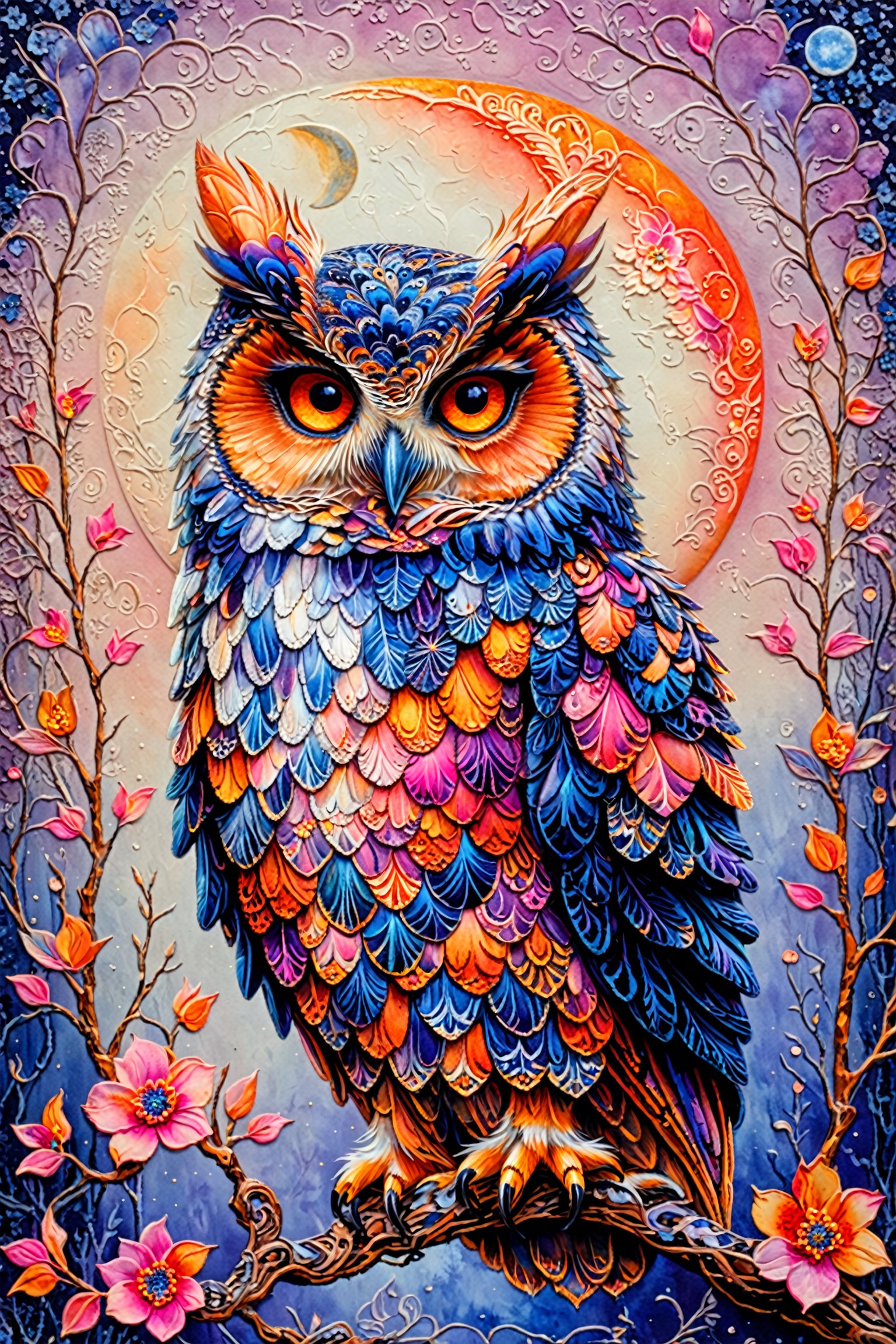 A vibrantly colored owl perched on a branch. The owl's feathers display a myriad of hues, from blues and purples to oranges and whites. It has intense, round orange eyes. The background is adorned with intricate patterns and motifs, with a pale, almost silvery moon or celestial body in the background. Branches with delicate pink and orange flowers extend from the owl, adding a touch of nature to the scene. The entire composition exudes a dreamy, mystical aura.