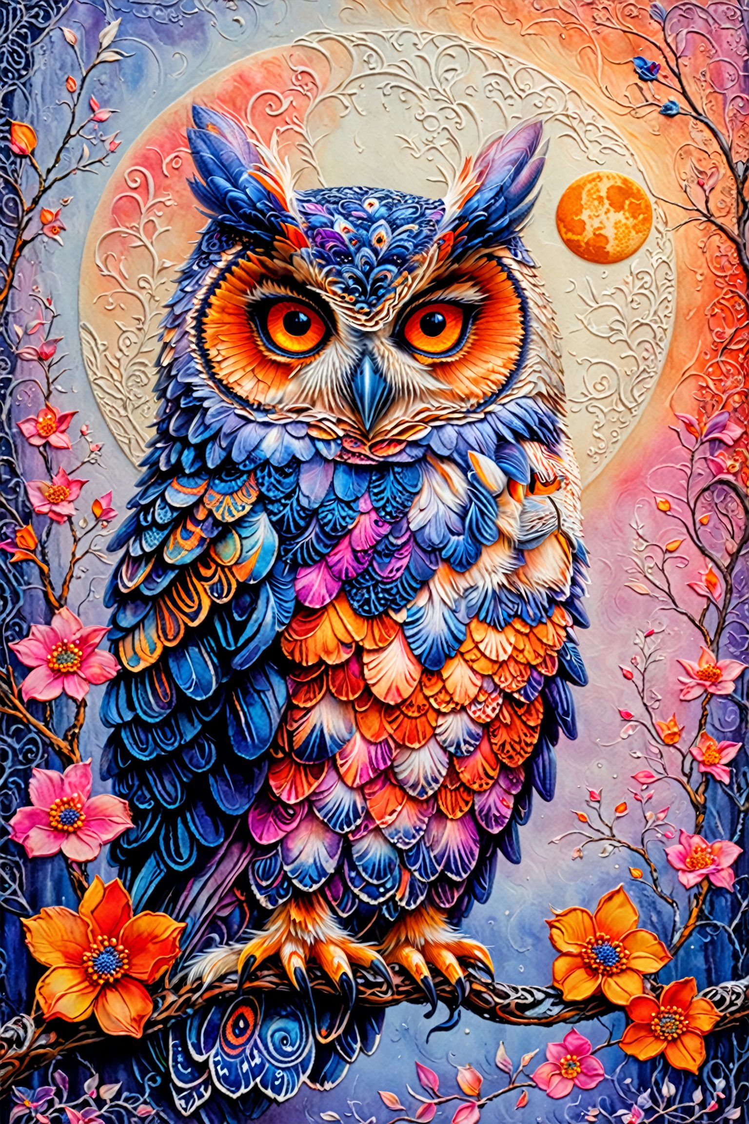 A vibrantly colored owl perched on a branch. The owl's feathers display a myriad of hues, from blues and purples to oranges and whites. It has intense, round orange eyes. The background is adorned with intricate patterns and motifs, with a pale, almost silvery moon or celestial body in the background. Branches with delicate pink and orange flowers extend from the owl, adding a touch of nature to the scene. The entire composition exudes a dreamy, mystical aura.