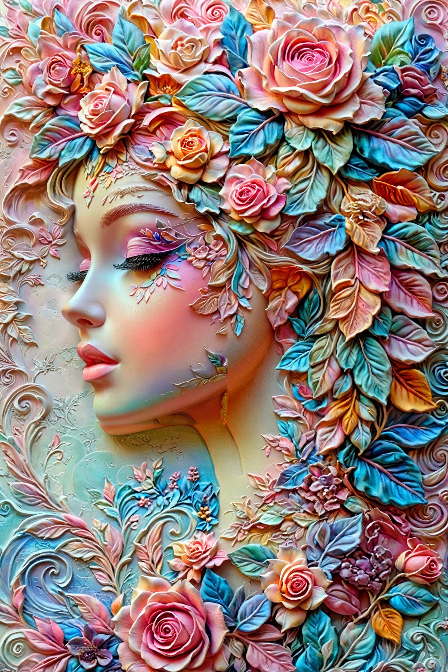 A side profile of a female face adorned with an intricate arrangement of flowers and leaves. The face is painted in soft pastel shades, with the most prominent feature being a large rose in the center of her hair. The background is a blend of pastel colors, with swirling patterns and more floral motifs. The overall artwork exudes a dreamy, ethereal vibe, blending the boundaries between nature and human beauty.