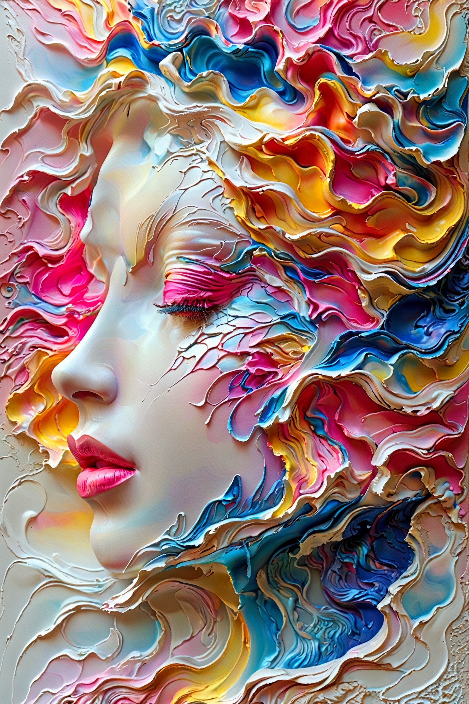 A side profile of a human face, intricately intertwined with flowing, abstract patterns in vibrant hues of blue, pink, yellow, and white. The face appears to be melting or morphing into the surrounding colors, creating an ethereal and dreamlike effect. The details of the face, such as the eyes, nose, and lips, are clearly visible, contrasting with the fluidity of the surrounding elements.