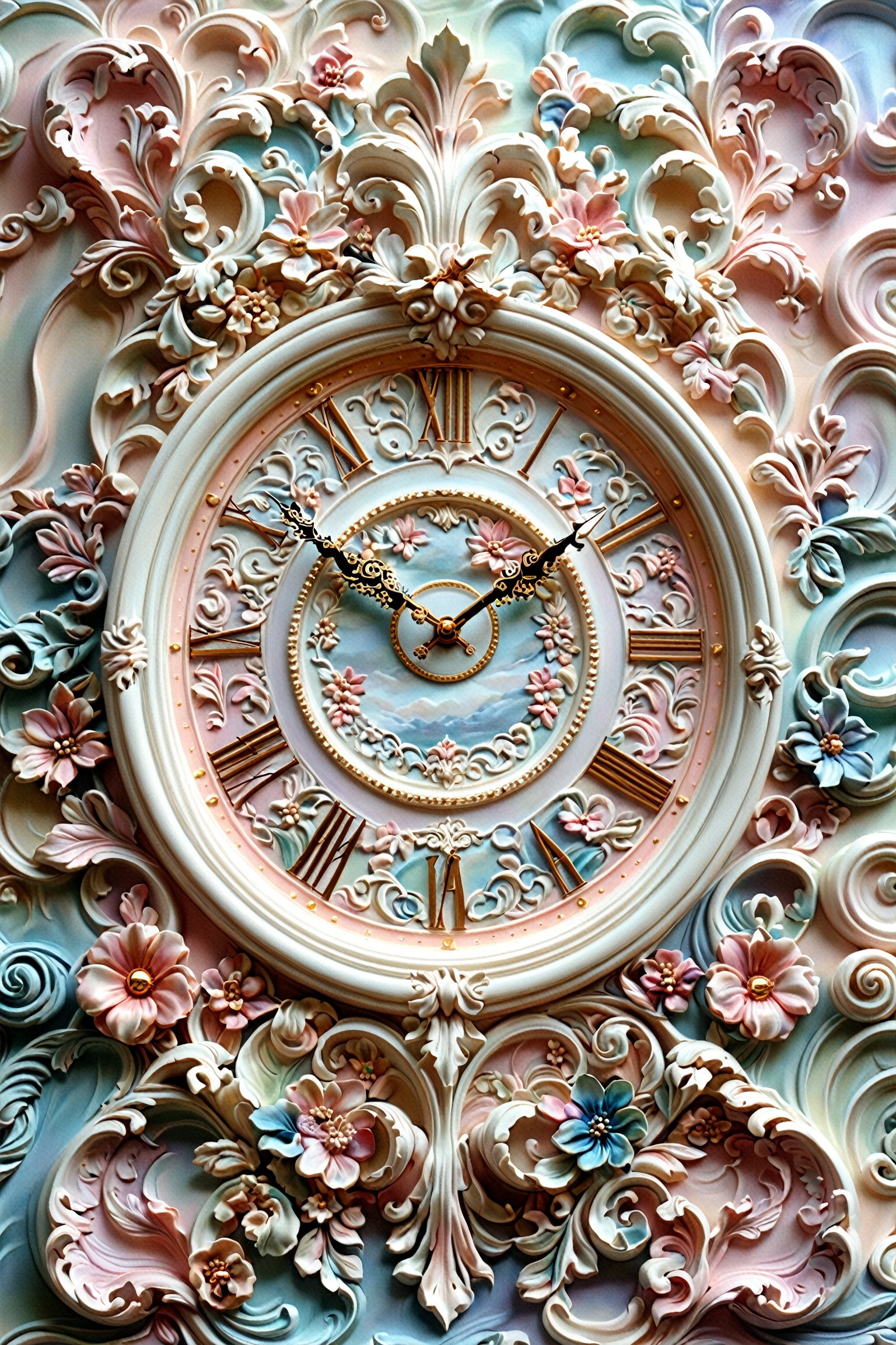 An intricately designed clock surrounded by ornate, swirling patterns and decorative elements. The clock face is adorned with a serene landscape, and the hands of the clock are delicately crafted. The background is a blend of pastel colors, with floral motifs and other decorative details that enhance the overall aesthetic of the piece.