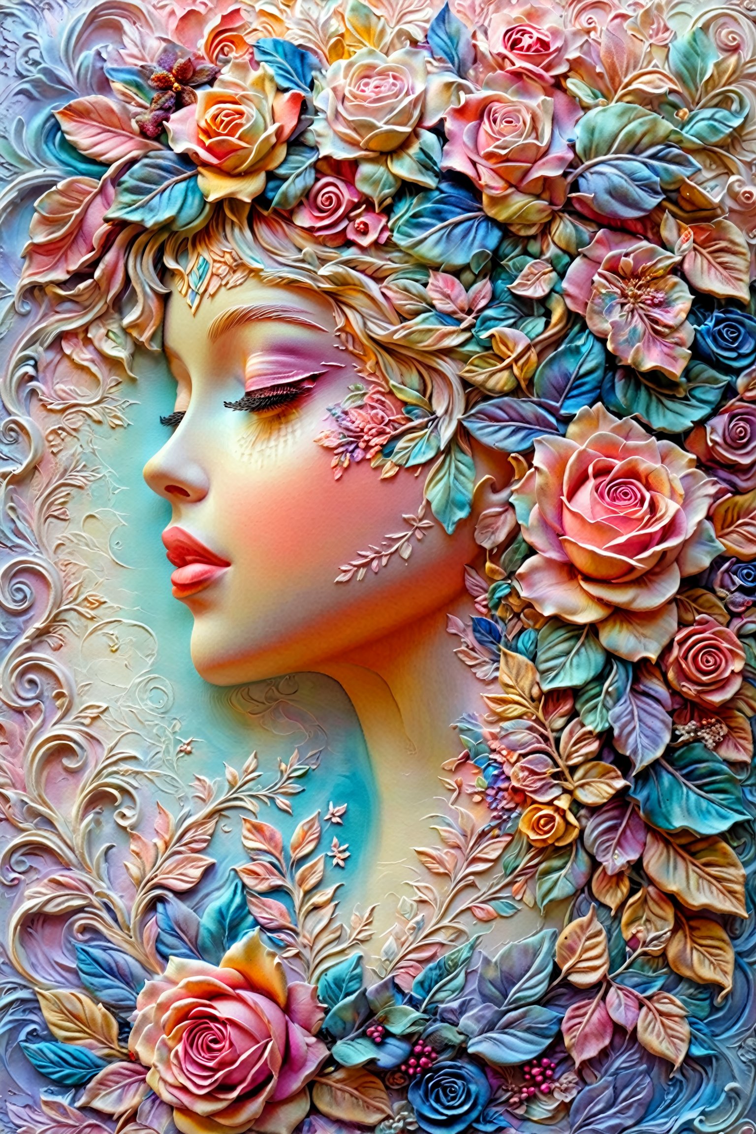 A side profile of a female face adorned with an intricate arrangement of flowers and leaves. The face is painted in soft pastel shades, with the most prominent feature being a large rose in the center of her hair. The background is a blend of pastel colors, with swirling patterns and more floral motifs. The overall artwork exudes a dreamy, ethereal vibe, blending the boundaries between nature and human beauty.