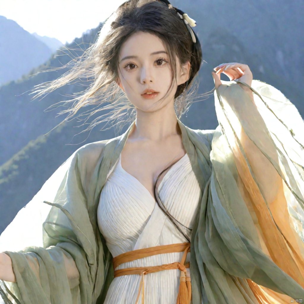  solo,highly detailed,(best quality),((masterpiece)),1girl,black hair,short hair,hanfu,see-through,looking_at_viewer,from below,upper body,mountain,huge_breasts,