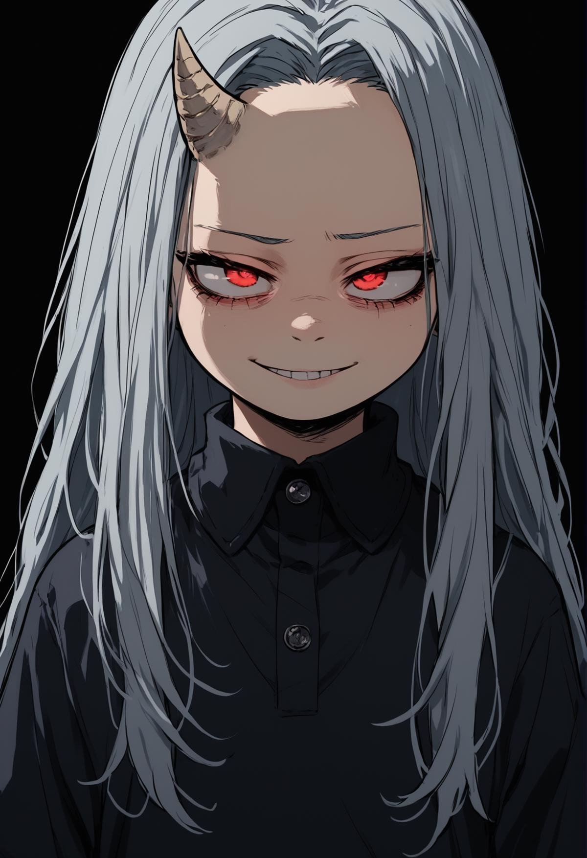 (score_9, score_8_up), score_7_up, zPDXL, eri, long hair, red eyes, grey hair, horns, child, single horn, female child, <lora:my-hero-academia-eri-anime-ponyxl-lora-nochekaiser:1>, upper body, smirk, looking away, black shirt, dark background, <lora:Sinozick_Style_XL_Pony:1>, sinozick style, flat color