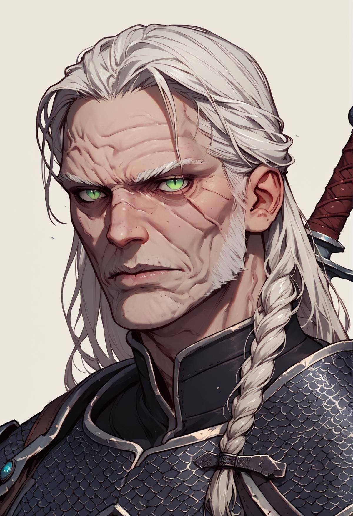 (score_9, score_8_up), score_7_up, zPDXL, 1boy, white hair, long hair, braided hair, green eyes, slit pupils, wrinkles, old, wrinkled skin, black armor, chainmail, upper body, looking at viewer, geralt of rivia, the witcher \(series\), <lora:Sinozick_Style_XL_Pony:1>, sinozick style, flat color