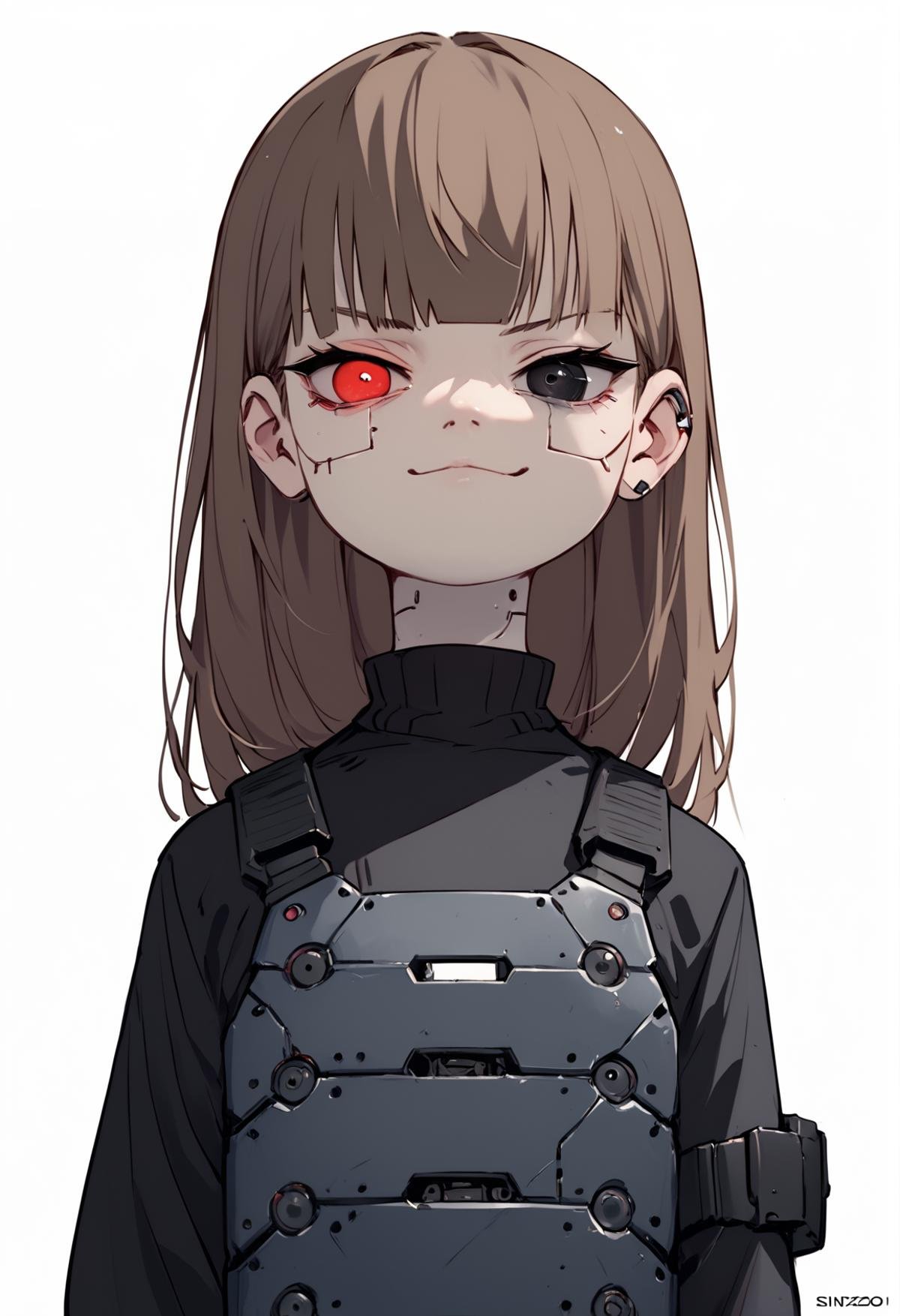 (score_9, score_8_up), score_7_up, zPDXL, child gf \(orenji\), 1girl, brown hair, long hair, black eye, red eye, heterochromia, smug <lora:Child_GF_XL_Pony:1>, upper body, black sweater, black bulletproof vest, (mechanical eye), cyborg, white background, black ink background, two-tone background <lora:Sinozick_Style_XL_Pony:1>, sinozick style, flat color