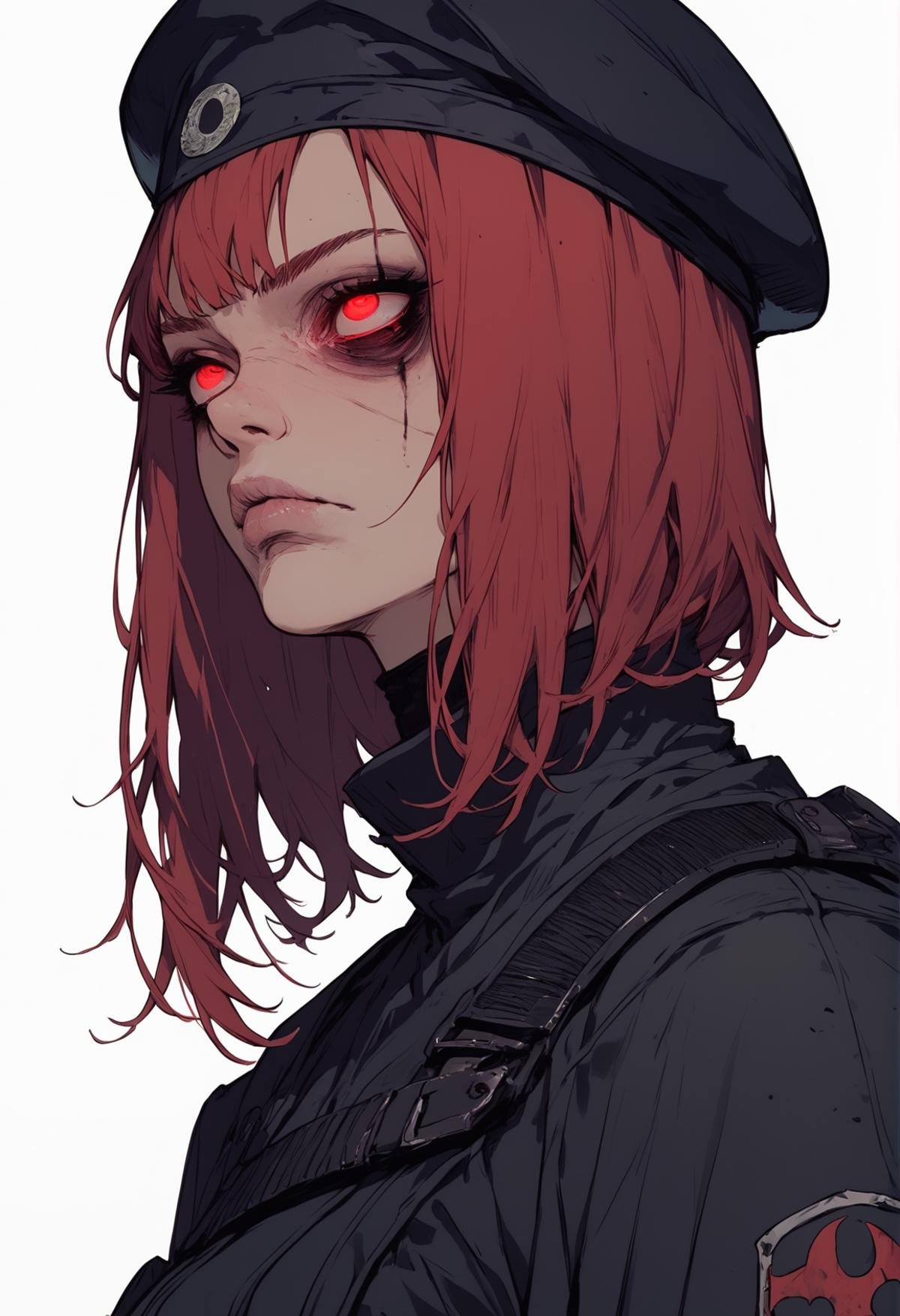 (score_9, score_8_up), score_7_up, zPDXL, 1girl, red hair, red eyes, dark, bags under eyes, black mantle, black beret, military beret, white background, black moon, two-tone background <lora:Sinozick_Style_XL_Pony:1>, sinozick style, flat color