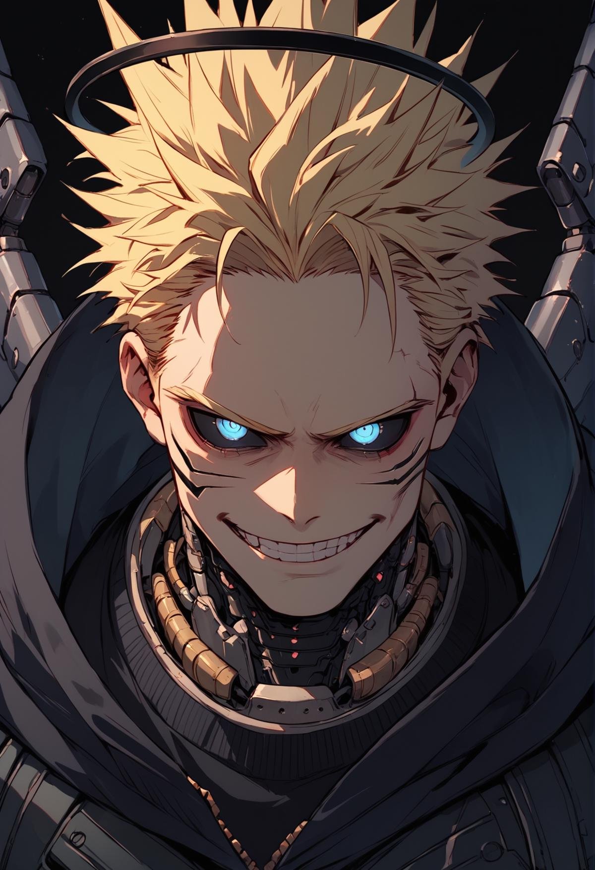 (score_9, score_8_up), score_7_up, zPDXL, hawks \(boku no hero academia\), boku no hero academia, 1boy, facial hair, blue eyes, mechanical jaw, black sweater, mechanical wings, (black halo), looking at viewer, black sclera, smirk, blonde hair, dark background <lora:Sinozick_Style_XL_Pony:1>, sinozick style, flat color