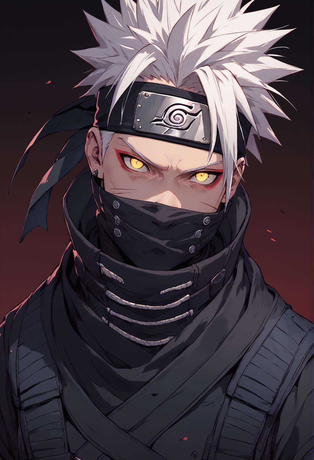 (score_9, score_8_up), score_7_up, zPDXL, white hair, shirt hair, spiky hair, wild hair, 1boy, ninja, naruto \(series\), forehead protector, headband, konohagakure symbol, looking at viewer, dark background, yellow eyes, black mantle, ((high collar)), covered mouth, black cloak, from above, looking at viewer, <lora:Sinozick_Style_XL_Pony:1>, sinozick style, flat color