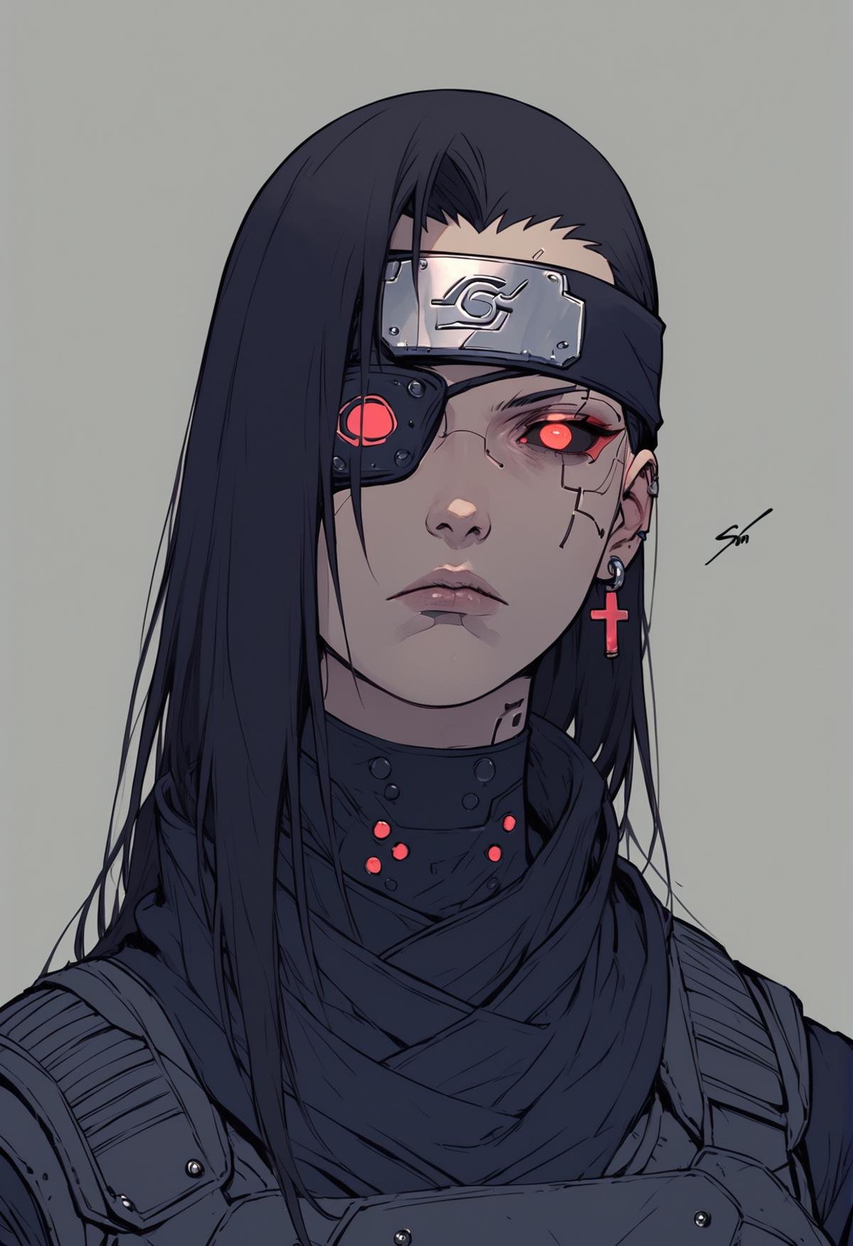 (score_9, score_8_up), score_7_up, zPDXL, 1girl, upper body, black mantle, earrings, cyberpunk, eyepatch, neon eyepatch, black hair, wild hair, long hair, red eyes, looking at viewer, expressionless, dark, dark theme, black sclera, konohagakure symbol, forehead protector, naruto \(series\), <lora:Sinozick_Style_XL_Pony:1>, sinozick style