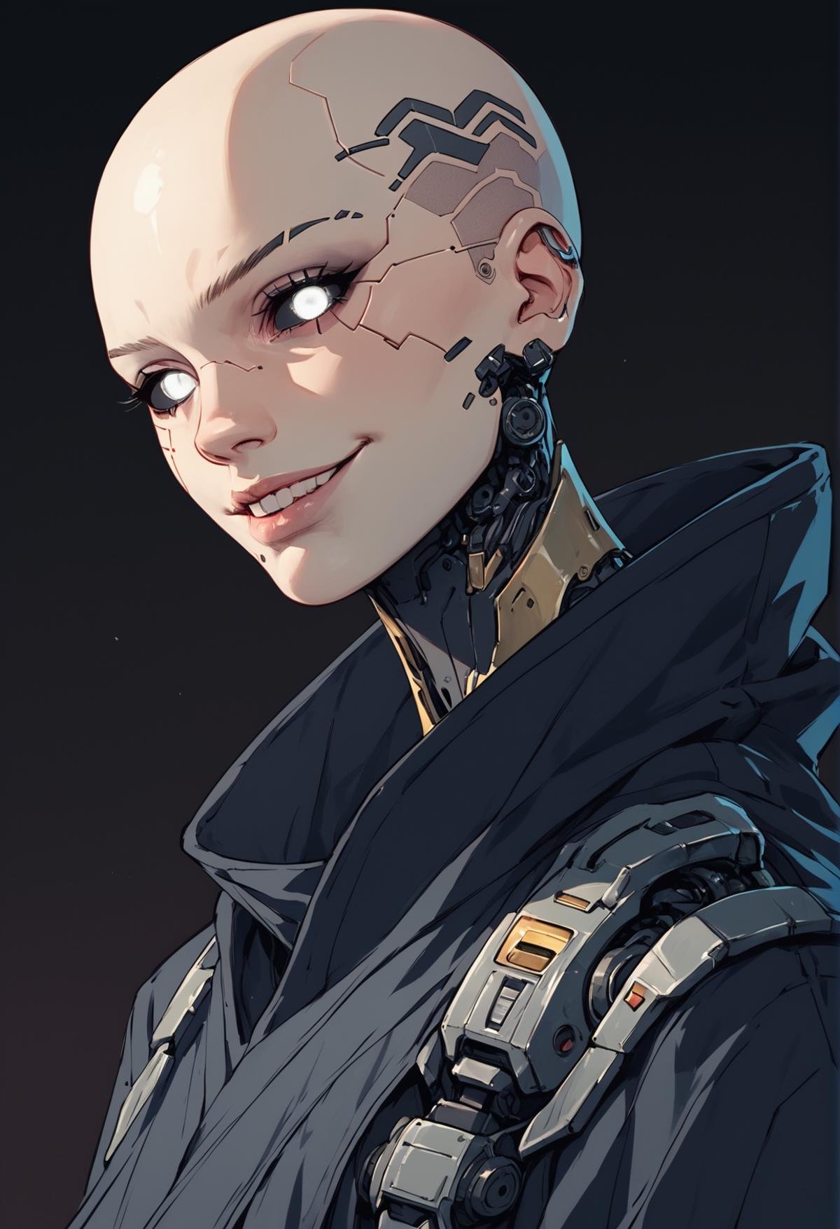 (score_9, score_8_up), score_7_up, zPDXL, 1girl, bald, hairless, asian, white eyes, black sclera, black kimono, cyberpunk, gold circuits on face, gold mechanical parts, smile, looking at viewer, (cowboy shot), dark background <lora:Sinozick_Style_XL_Pony:1>, sinozick style, flat color