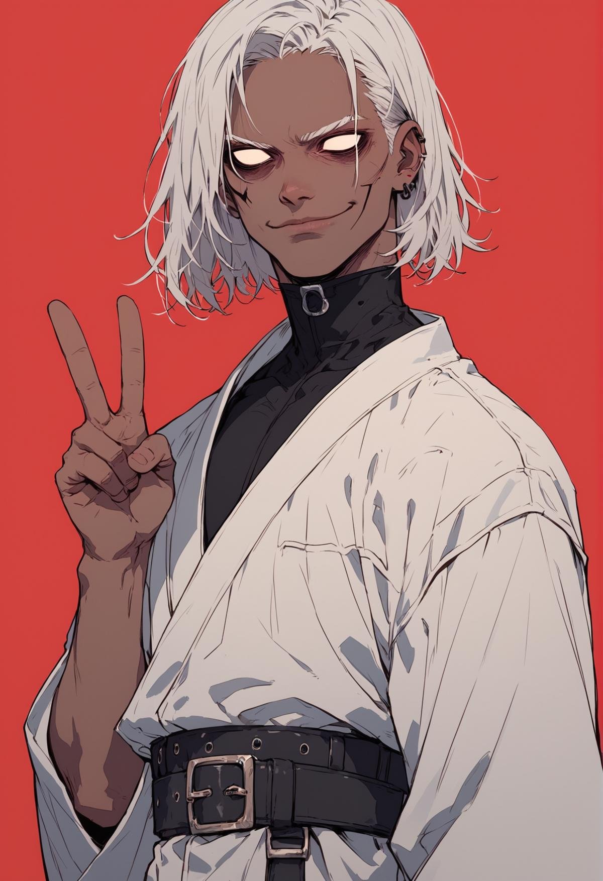 (score_9, score_8_up), score_7_up, zPDXL, 1boy, white hair, medium hair, spiky hair, (no pupils), dark-skinned male, dark skin, smirk, white kimono, black belt, cowboy shot, red background, v, peace sign, closed mouth <lora:Sinozick_Style_XL_Pony:1>, sinozick style, flat color