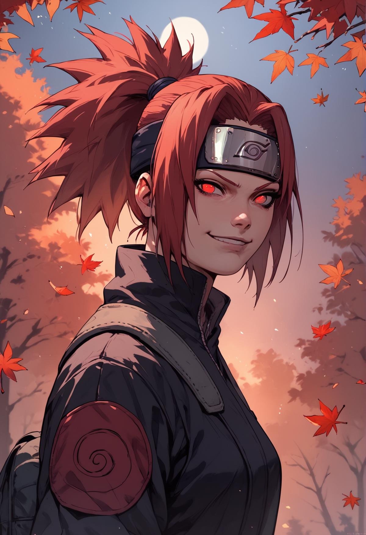 (score_9, score_8_up), score_7_up, zPDXL, 1girl, red hair, high ponytail, red eyes, smirk, looking at viewer, black kimono, outdoors, forest, dark, night, falling leaves, naruto \(series\), naruto, forehead protector, konohagakure symbol, <lora:Sinozick_Style_XL_Pony:1>, sinozick style, flat color