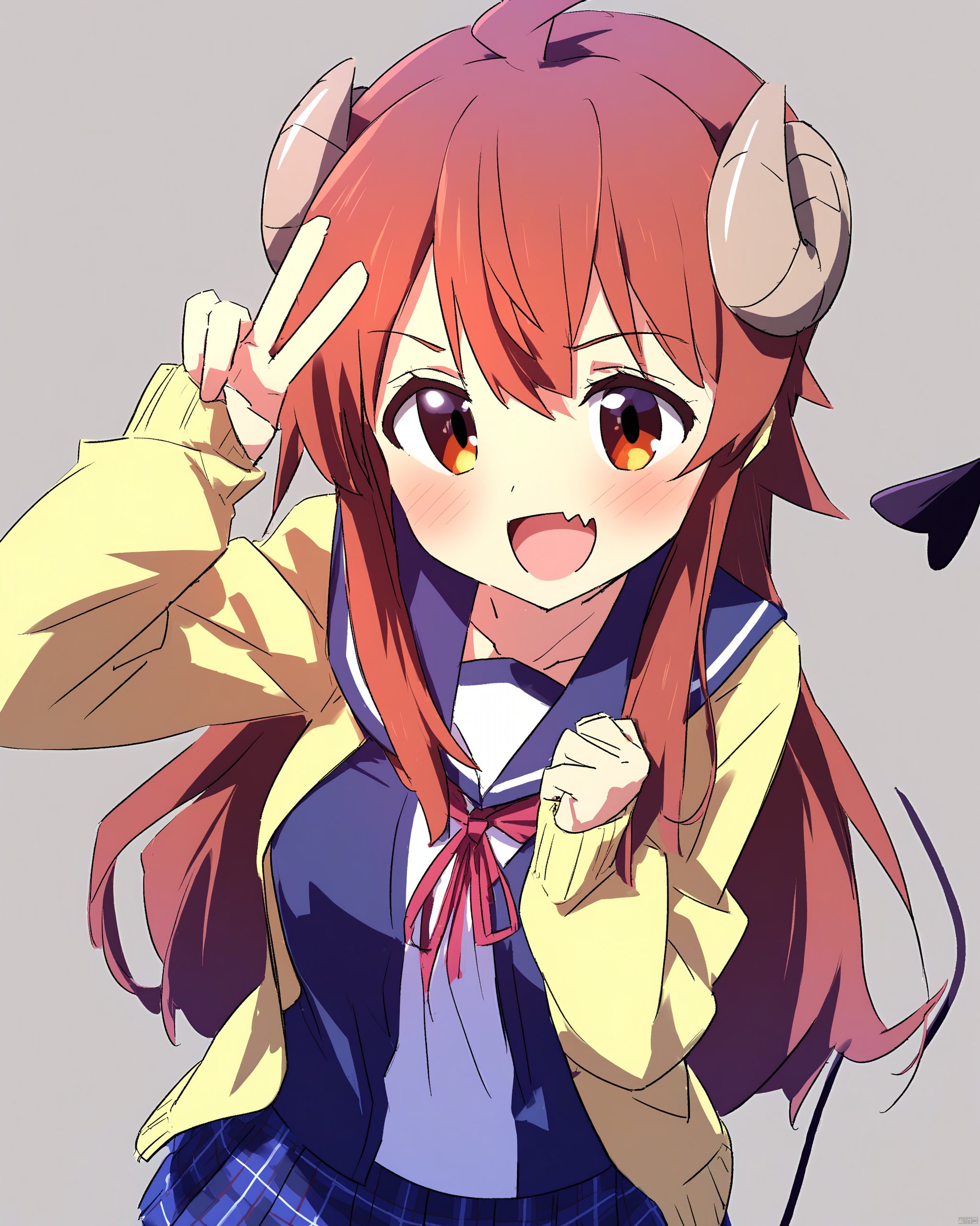 machikado_mazoku,1girl, absurdres, ahoge, blush, brown_eyes, brown_hair, commentary, curled_horns, demon_girl, demon_horns, demon_tail, fang, highres, horns, jacket, long_hair, machikado_mazoku, oekakiism, open_mouth, plaid, plaid_skirt, school_uniform, serafuku, simple_background, skin_fang, skirt, smile, solo, sweater, tail, underwear, v, yoshida_yuuko_\(machikado_mazoku\)