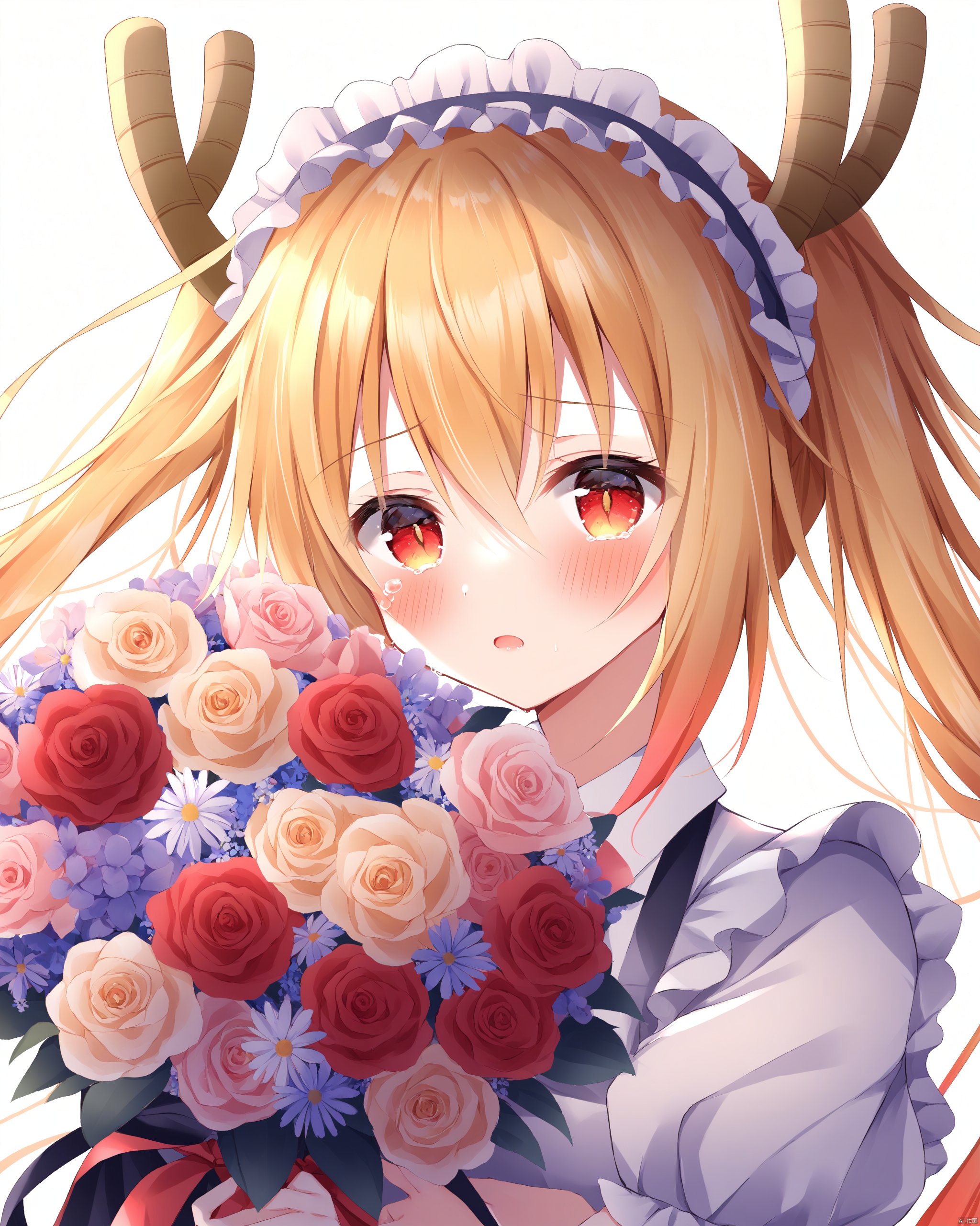 kobayashi-san_chi_no_maidragon,1girl, blonde_hair, blush, bouquet, dragon_horns, flower, frills, hair_between_eyes, highres, holding, holding_bouquet, horns, kobayashi-san_chi_no_maidragon, long_hair, maid, multicolored_eyes, red_eyes, shirt, short_sleeves, solo, tears, tohru_\(maidragon\), twintails, upper_body, white_background, white_shirt, yellow_eyes, yuiragi_yuki