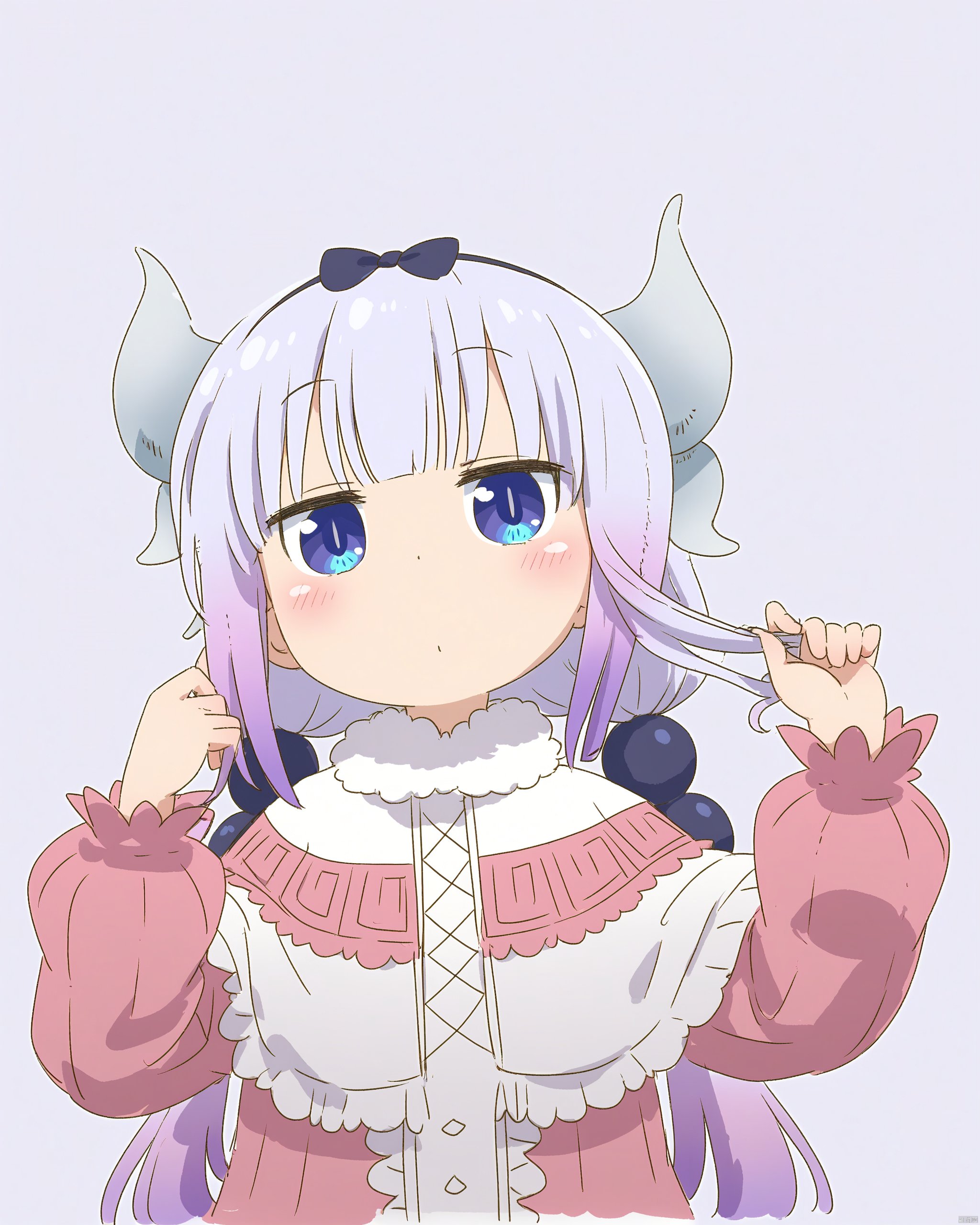 kobayashi-san_chi_no_maidragon,1girl, beads, blue_eyes, blush, capelet, closed_mouth, cropped_torso, dated, dragon_girl, dragon_horns, dress, gradient_hair, hair_beads, hair_ornament, highres, horns, kanna_kamui, kobayashi-san_chi_no_maidragon, long_hair, long_sleeves, looking_at_viewer, low_twintails, multicolored_hair, playing_with_own_hair, purple_dress, purple_hair, samansa_ex, simple_background, slit_pupils, solo, twintails, white_background