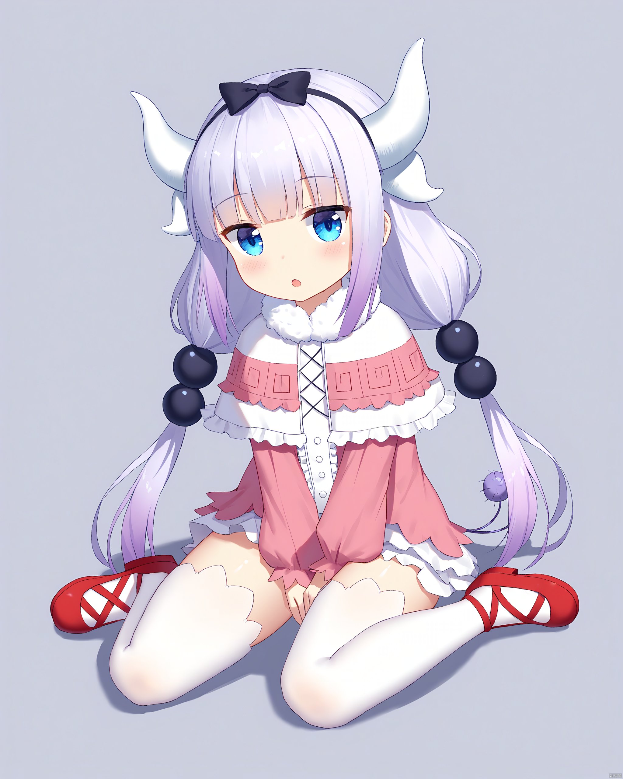 kobayashi-san_chi_no_maidragon,1girl, \:o, beads, between_legs, black_bow, black_ribbon, blue_eyes, blunt_bangs, bow, capelet, chinese_commentary, commentary_request, dragon_girl, dragon_horns, dress, frilled_capelet, frills, full_body, fur_collar, hair_beads, hair_bow, hair_ornament, hair_ribbon, highres, horns, ji_dao_ji, kanna_kamui, kobayashi-san_chi_no_maidragon, light_purple_hair, long_hair, long_sleeves, looking_at_viewer, low_twintails, pink_dress, red_footwear, ribbon, shoes, short_dress, simple_background, sitting, solo, star_\(symbol\), tail, thighhighs, twintails, wariza, white_background, white_capelet, white_thighhighs